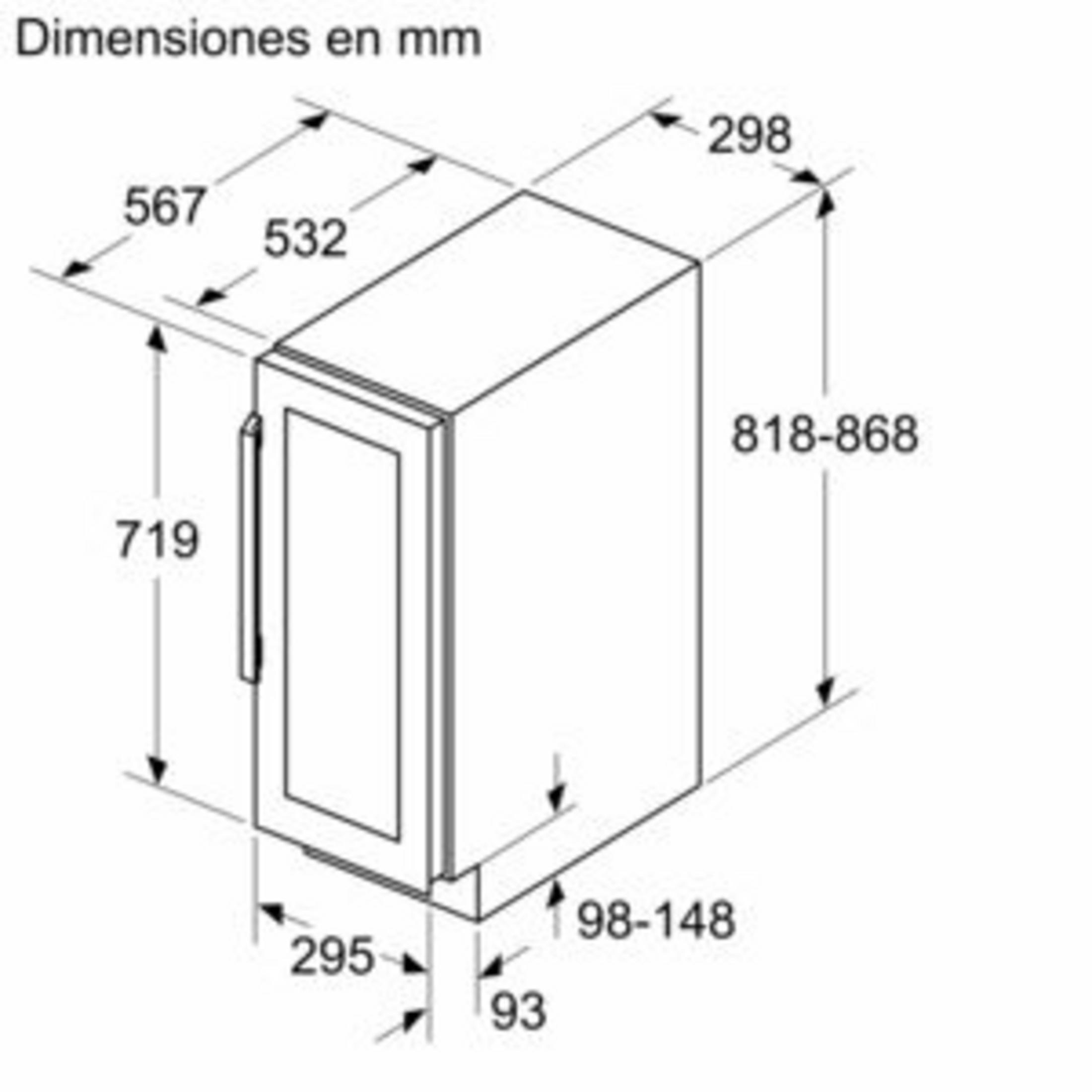 Dibujo técnico de un refrigerador con dimensiones en mm.