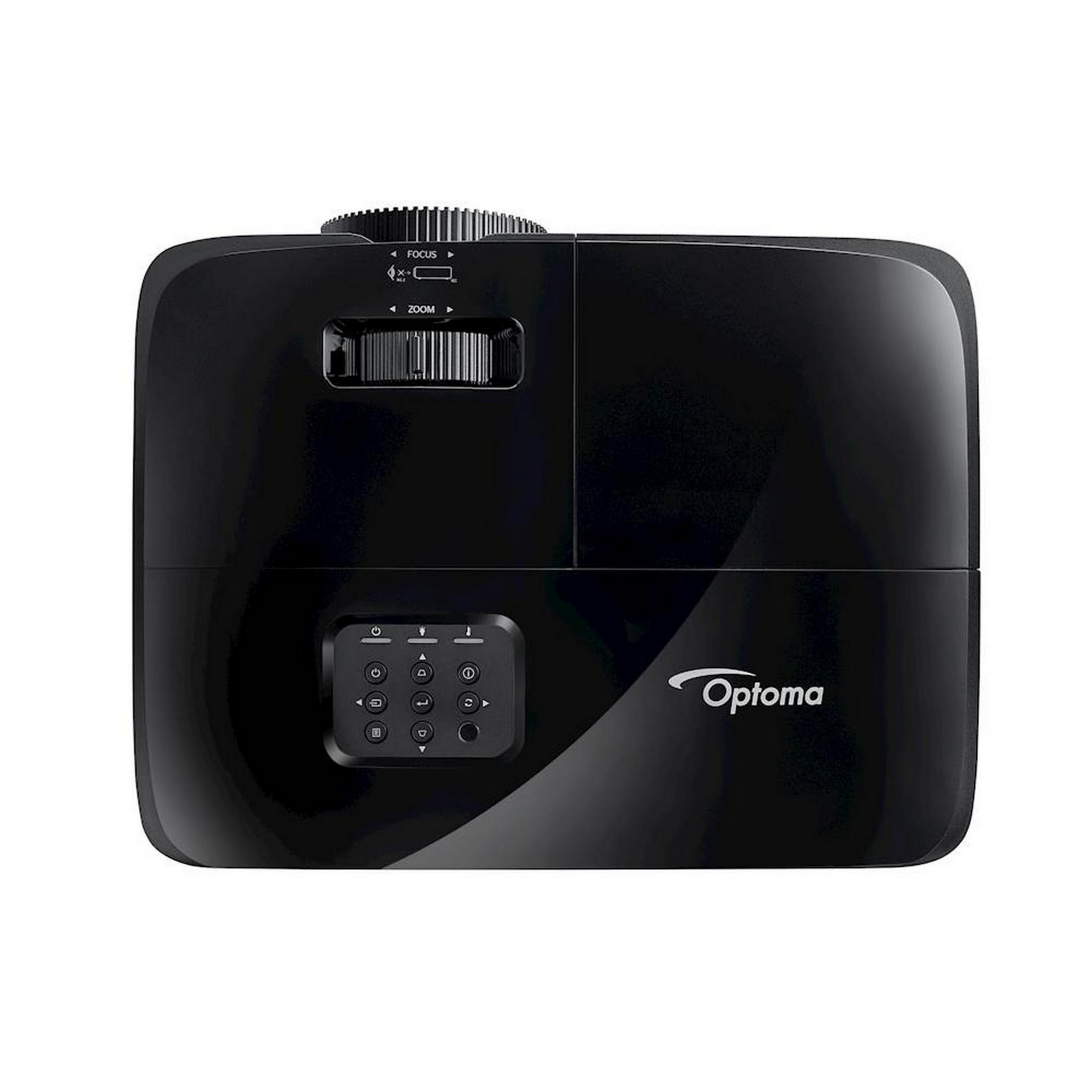 Czarny projektor Optoma z pokrętłami ostrości i zoomu oraz panelem sterowania.