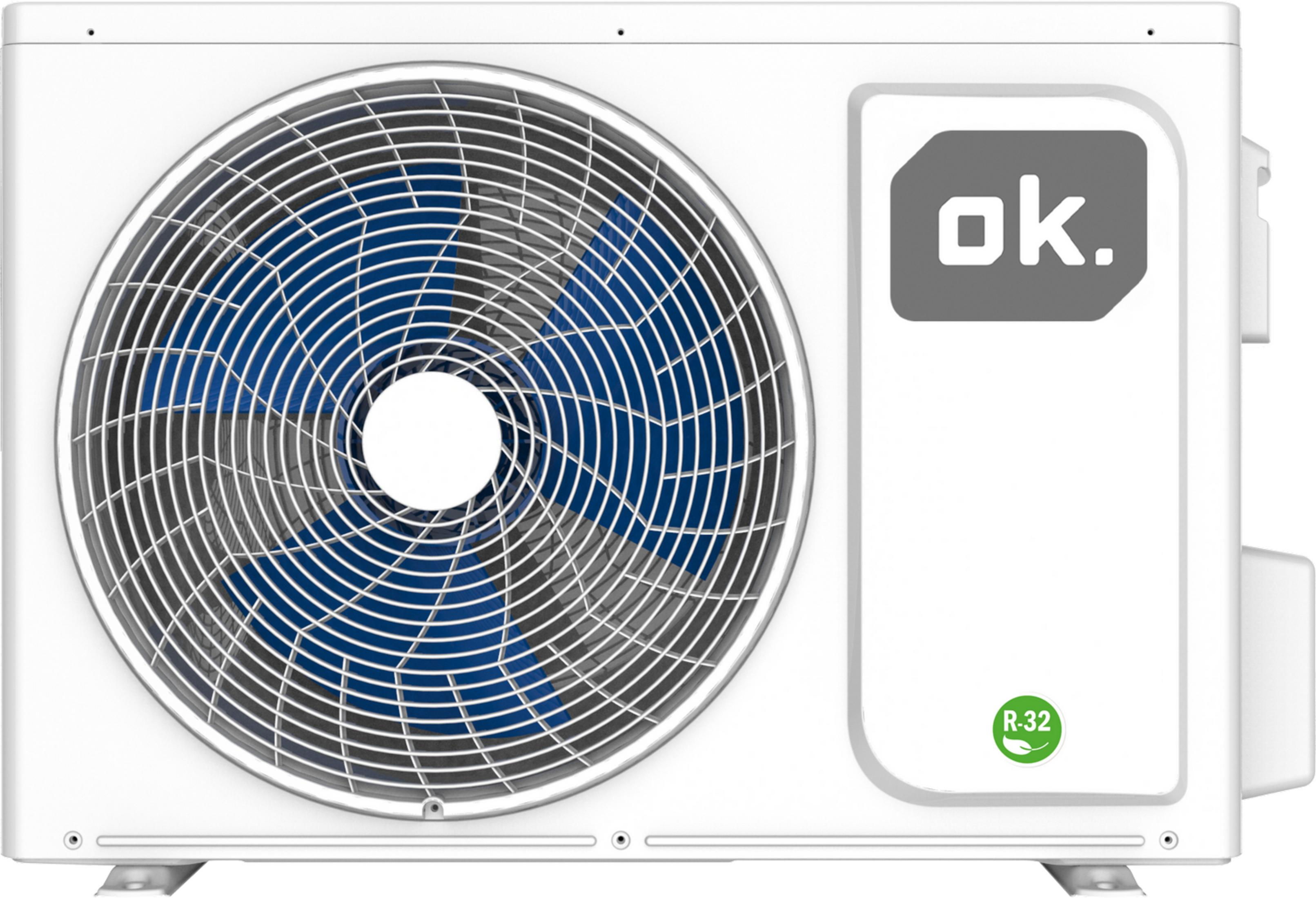 Unidad exterior de aire acondicionado con ventilador azul y logo "ok."
