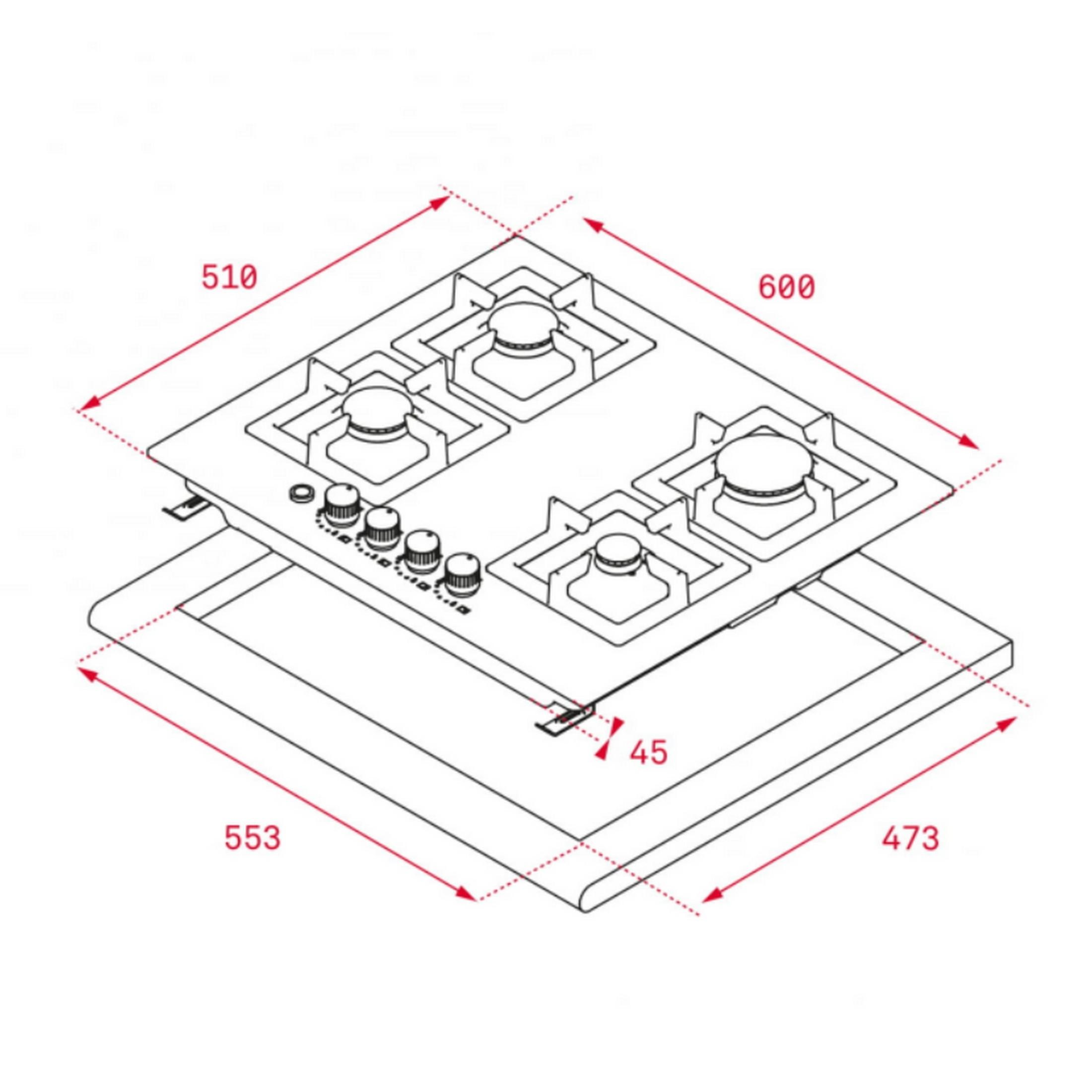 Placa de gas de cuatro quemadores con mandos, mostrando dimensiones.