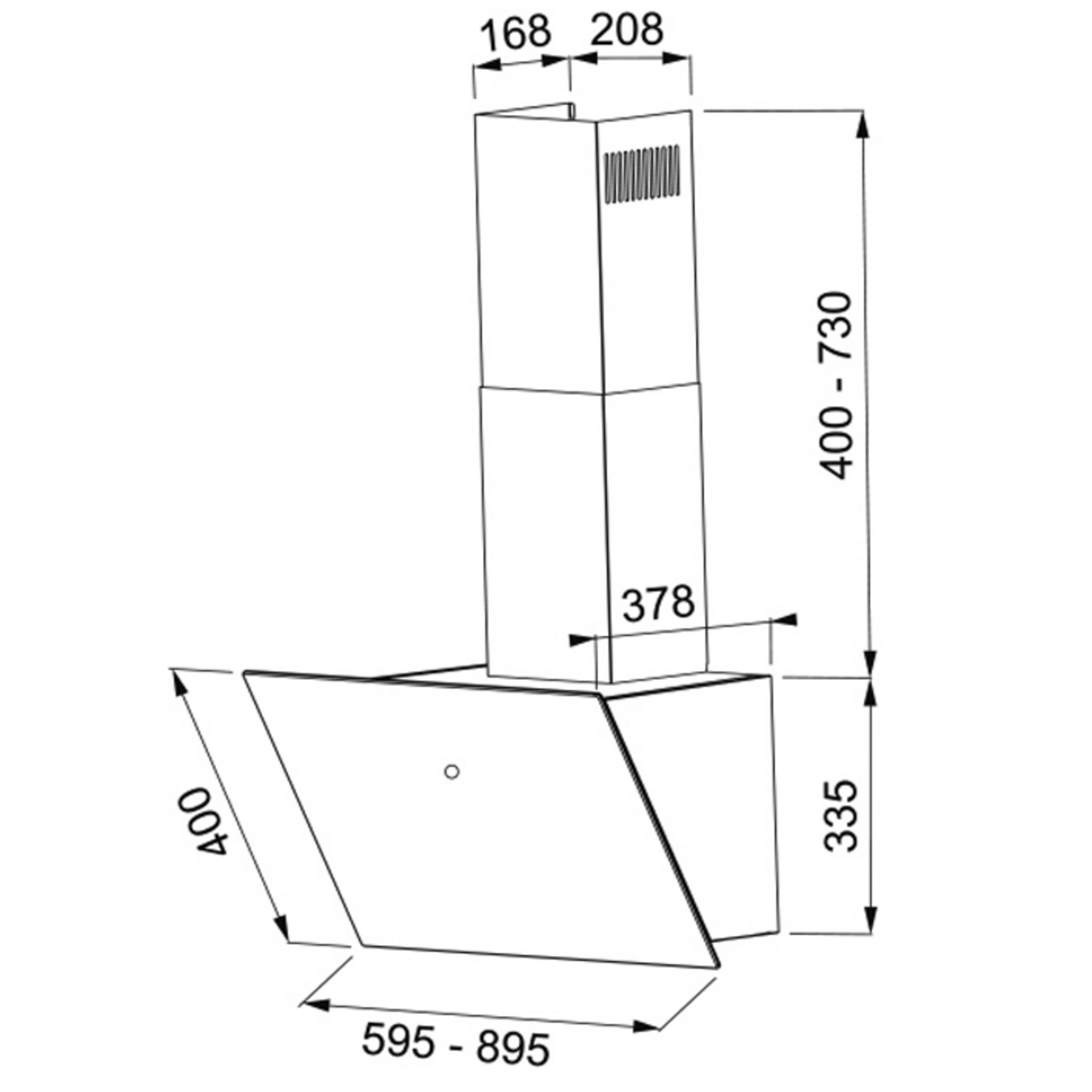 Dibujo técnico de una campana extractora con dimensiones.