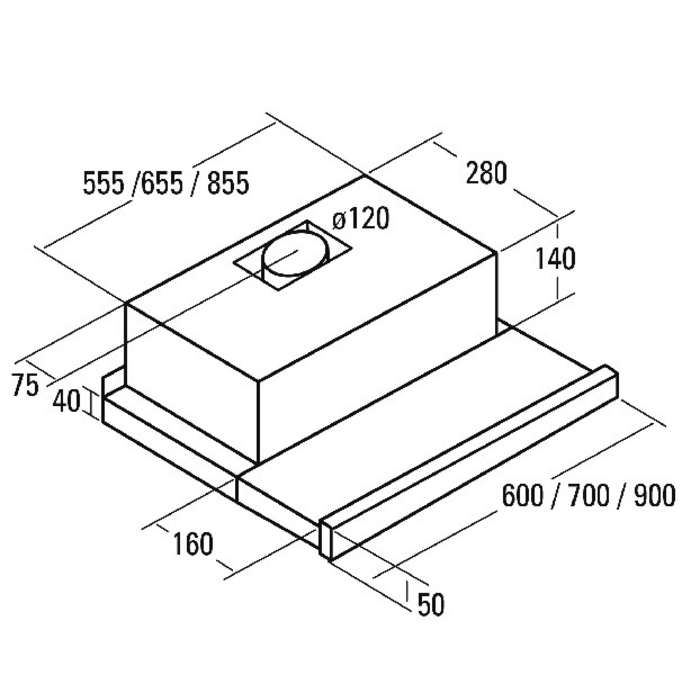 Dibujo técnico de una campana extractora con dimensiones.