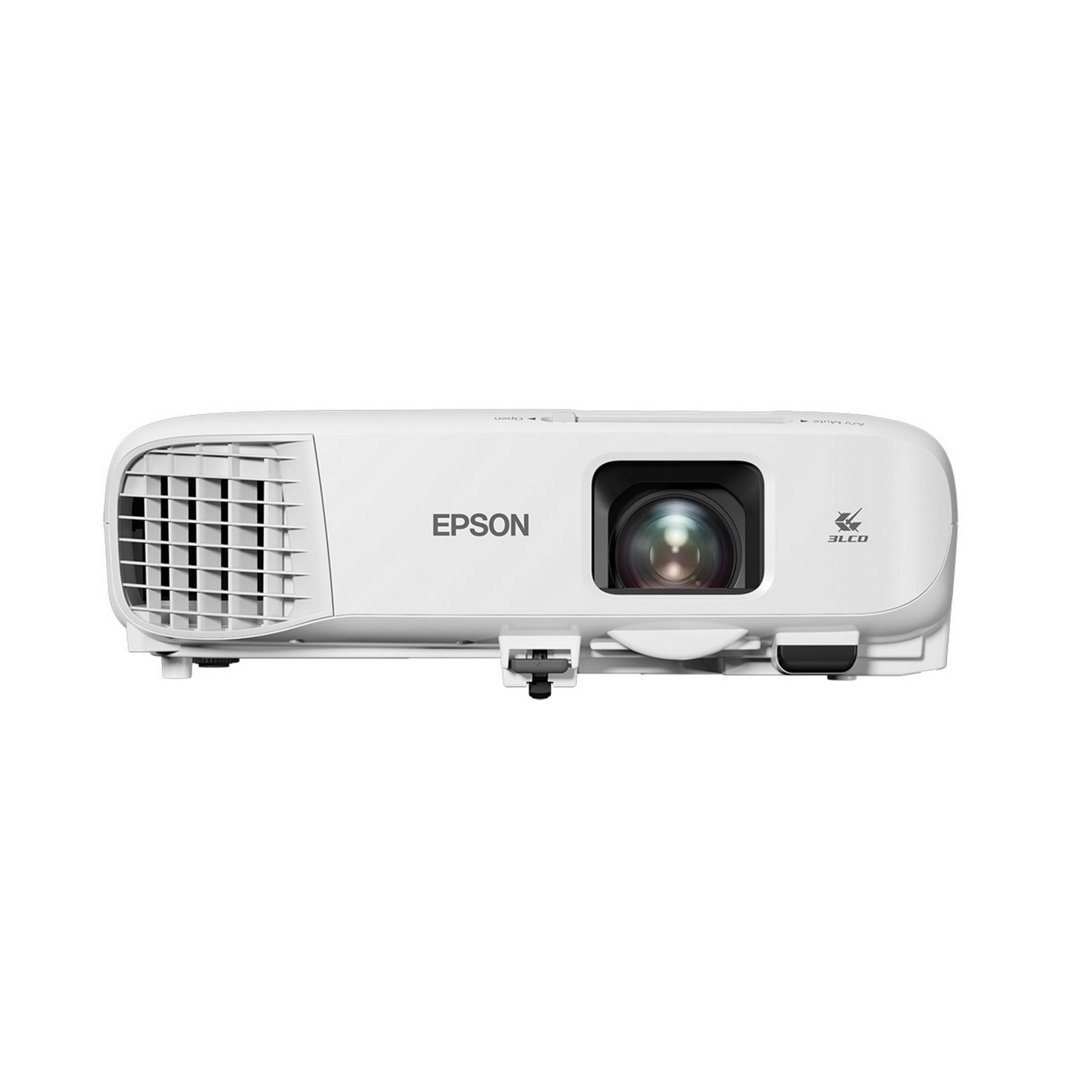 Un proiettore Epson 3LCD bianco con prese d'aria e lente.