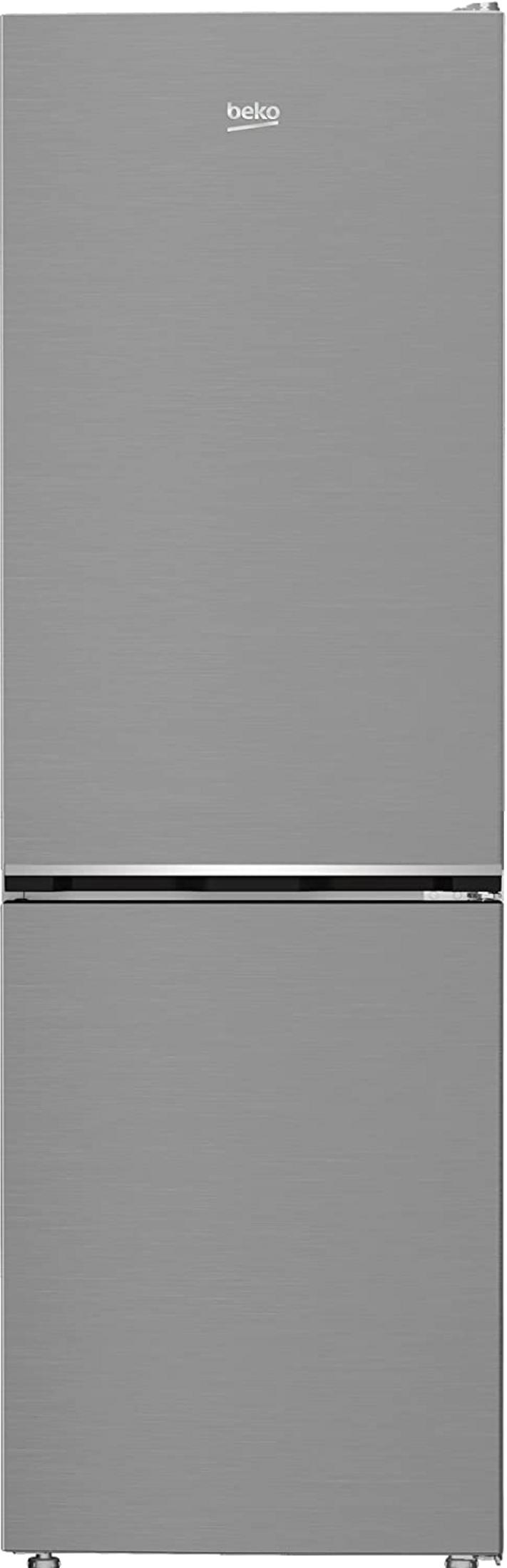 Frigorifero Beko grigio con congelatore superiore e maniglia argentata.