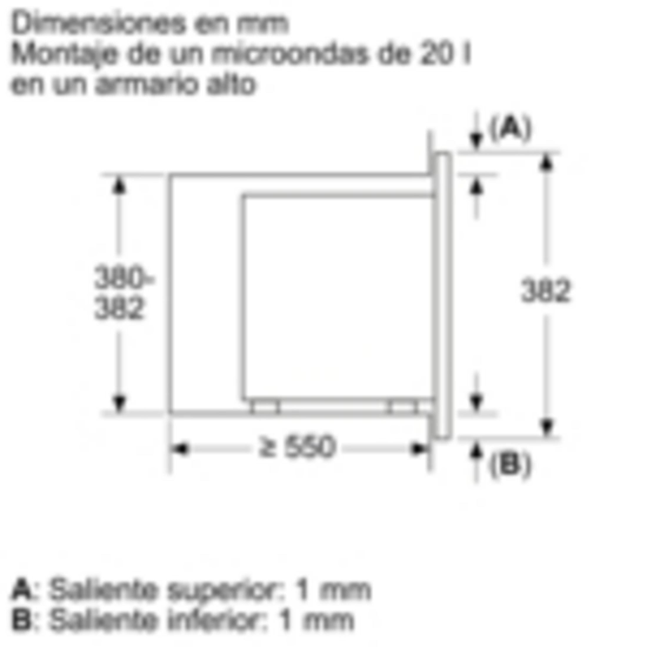 Dibujo técnico de un microondas empotrado con medidas.
