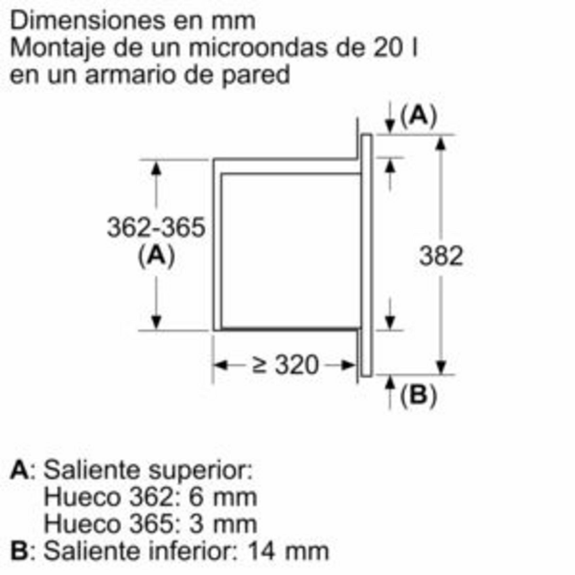 Dibujo de instalación de microondas de 20L en armario de pared con medidas.