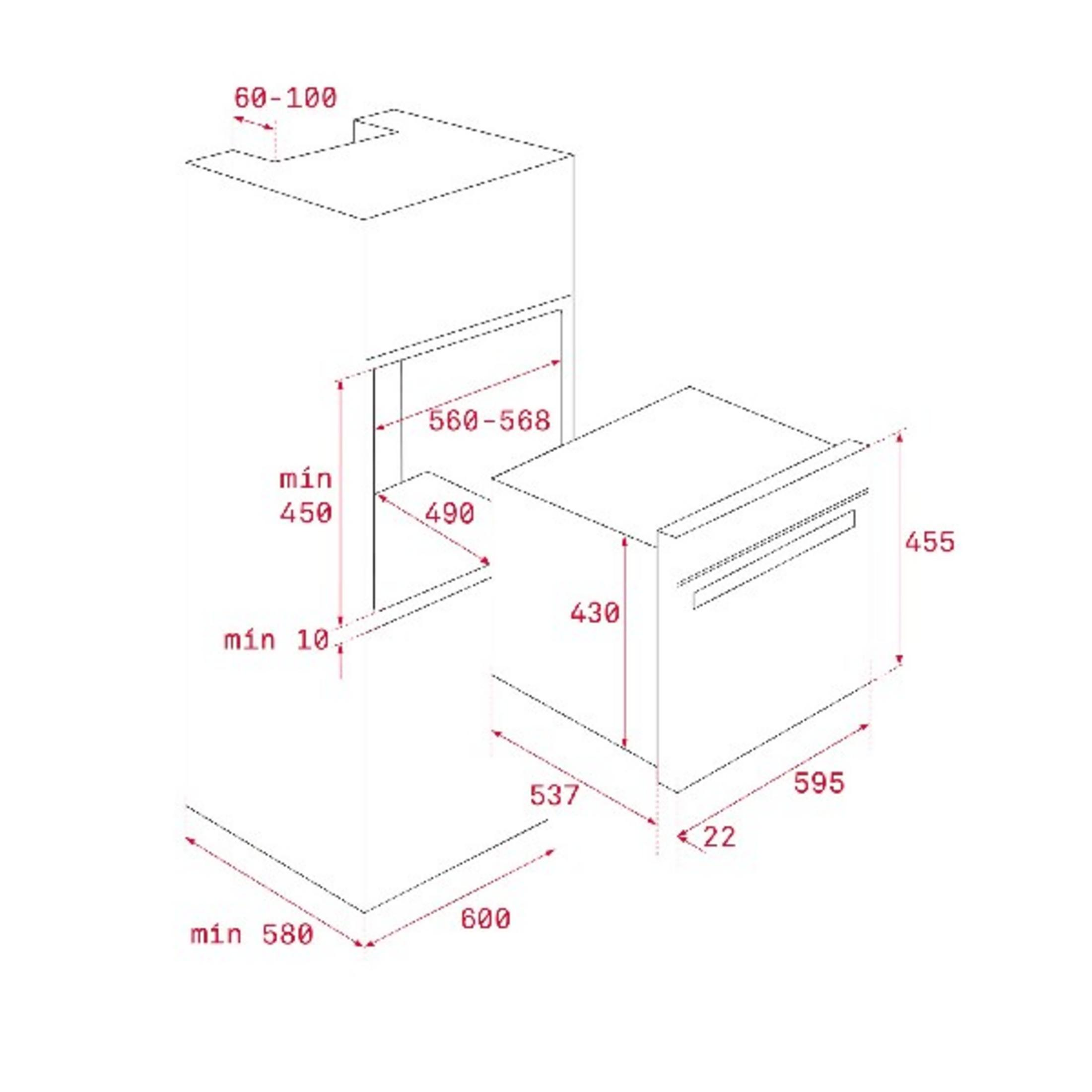 Dibujo técnico de un horno empotrado con dimensiones en mm.