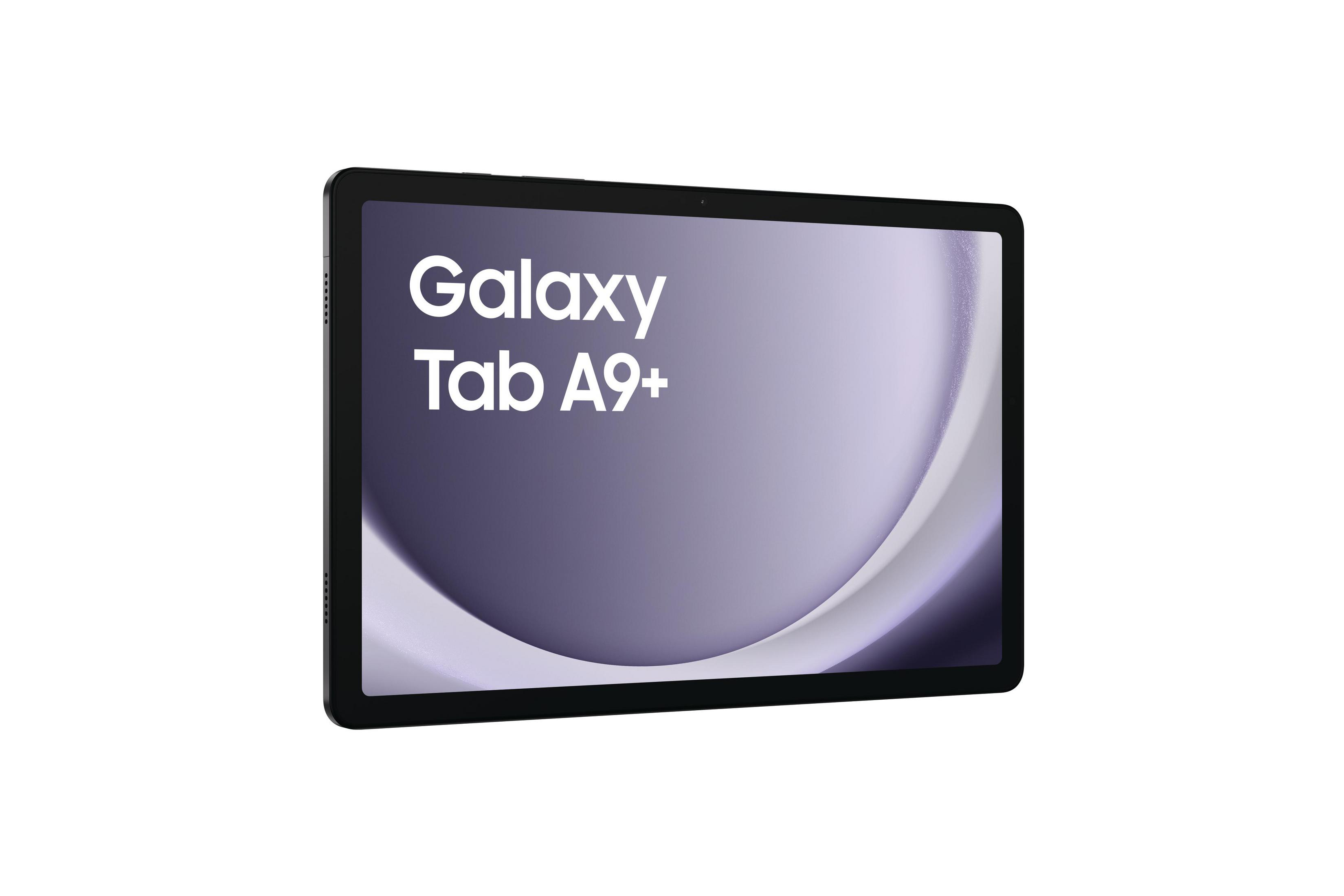 Una tablet Samsung Galaxy Tab A9+ negra con fondo morado.
