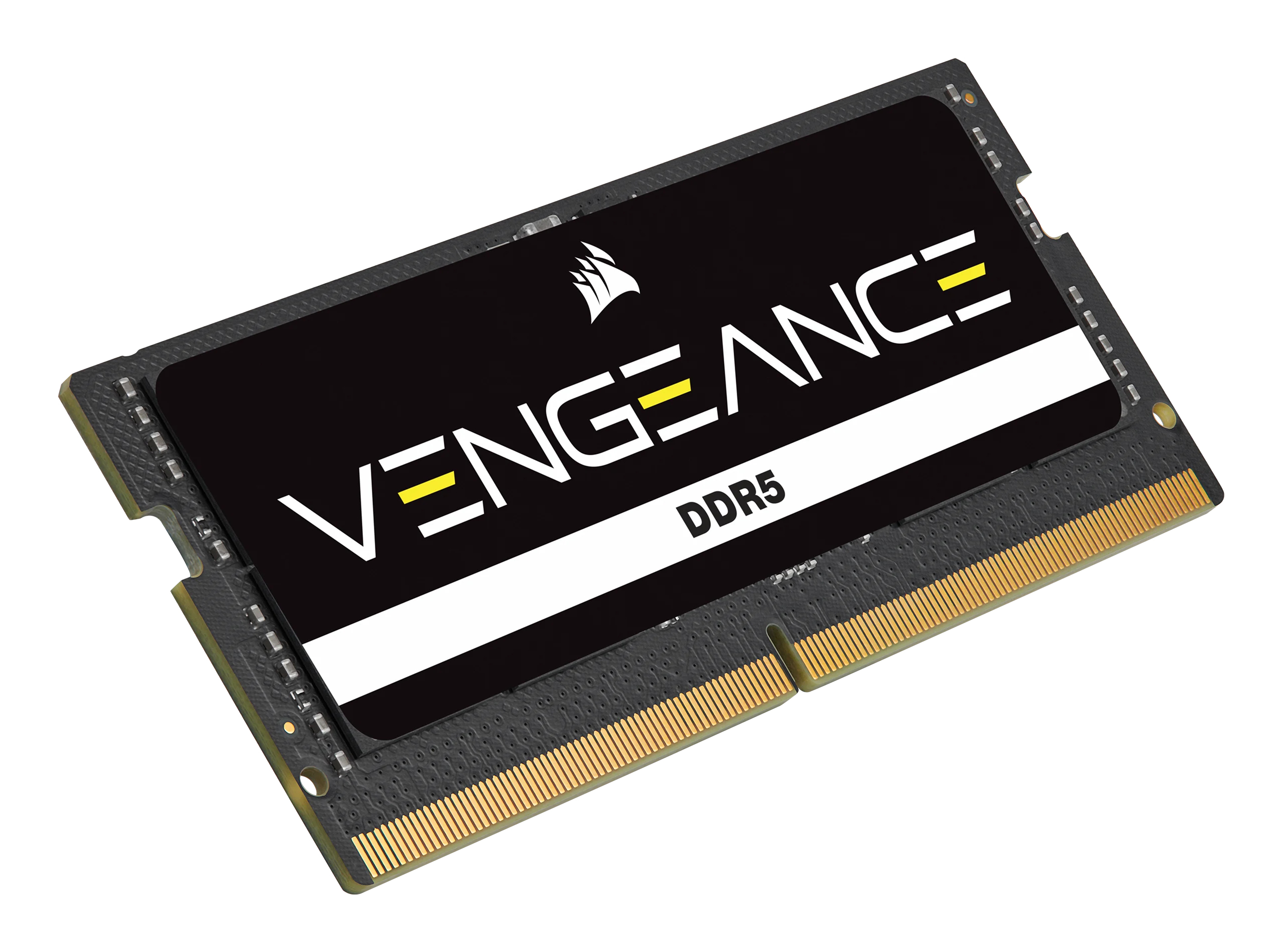 Un módulo RAM DDR5 negro con acento amarillo y logo blanco.