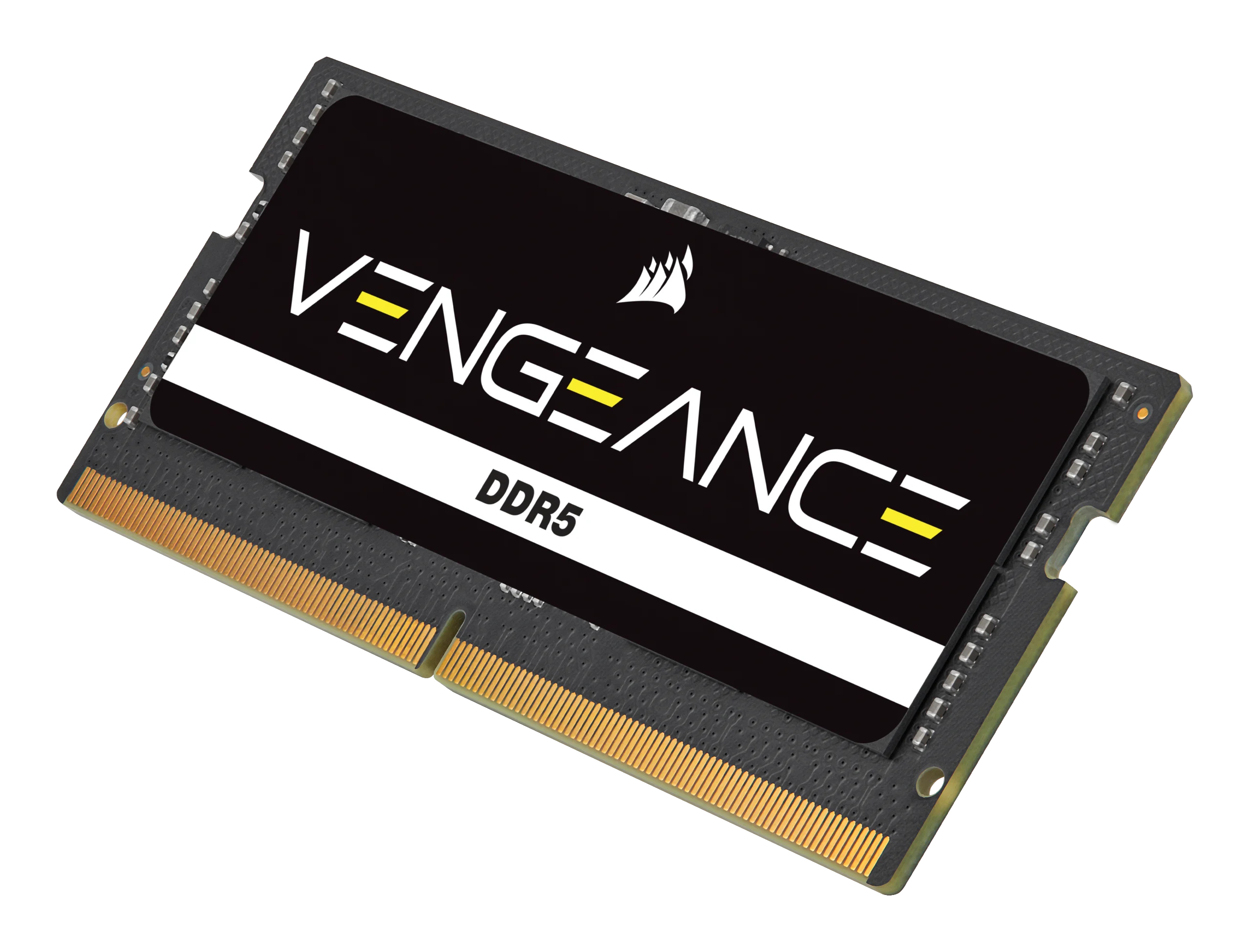 Un módulo RAM Corsair Vengeance DDR5 con contactos dorados sobre fondo blanco.