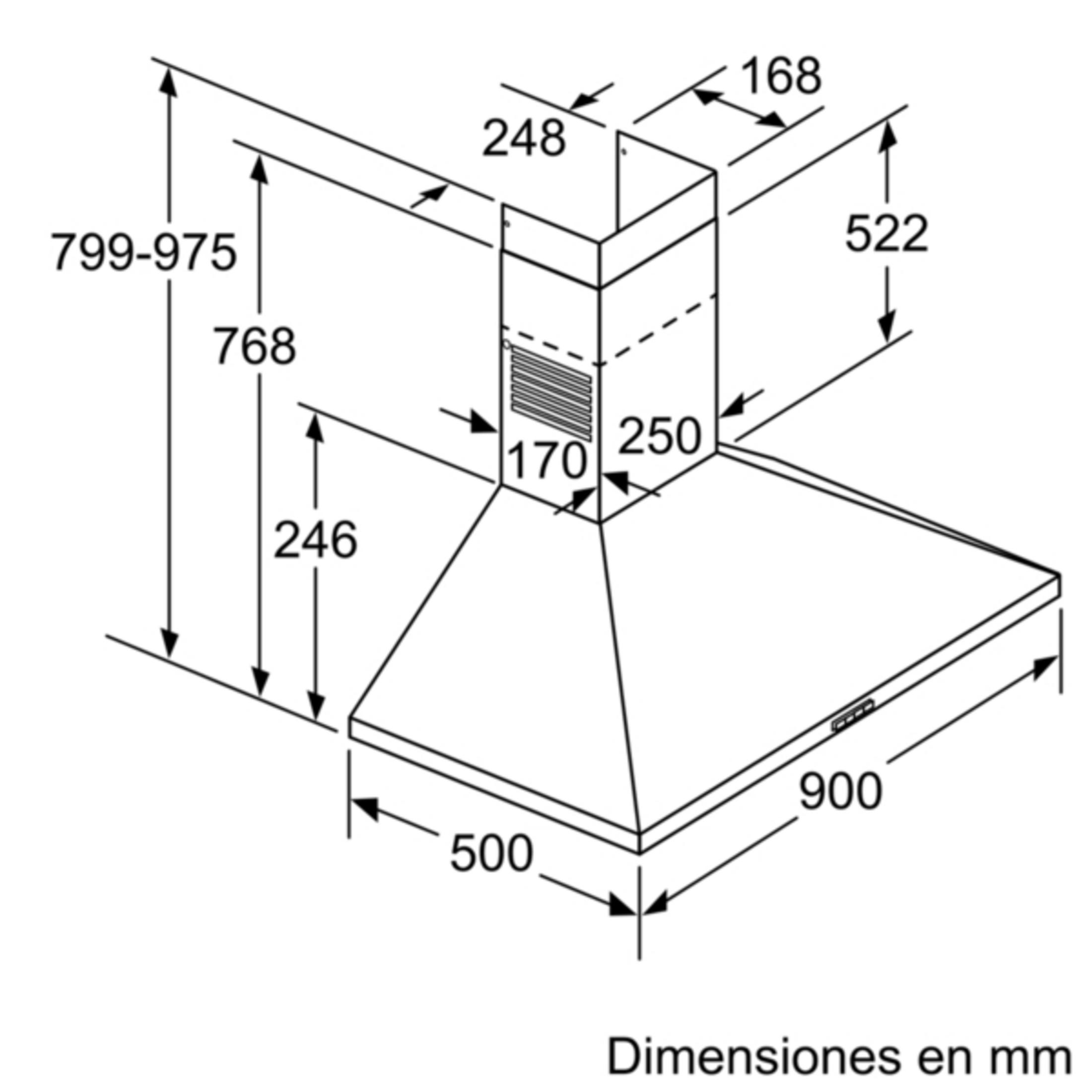 Dibujo técnico de una campana extractora con dimensiones en mm.