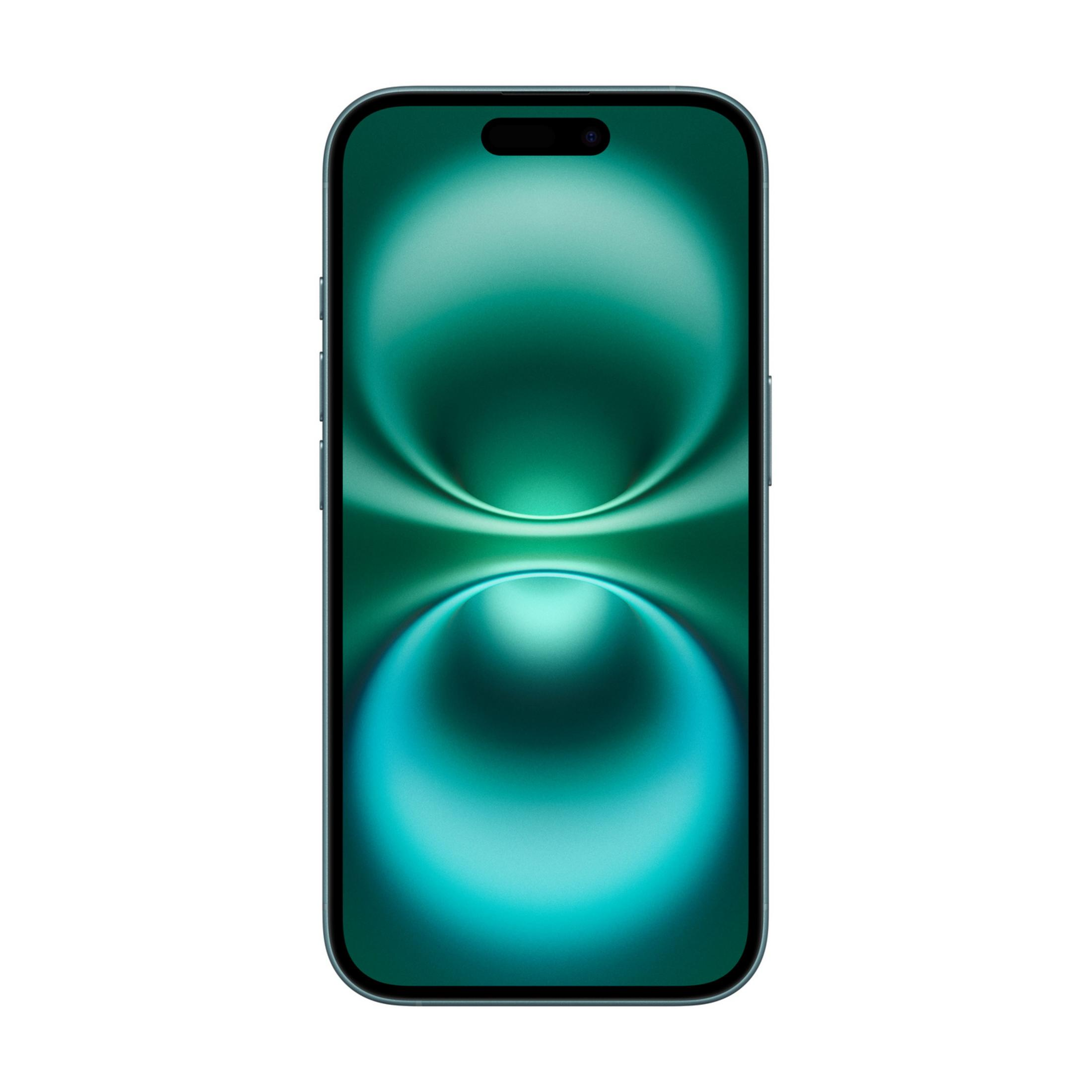 Ciemnoszary smartfon z turkusową tapetą.