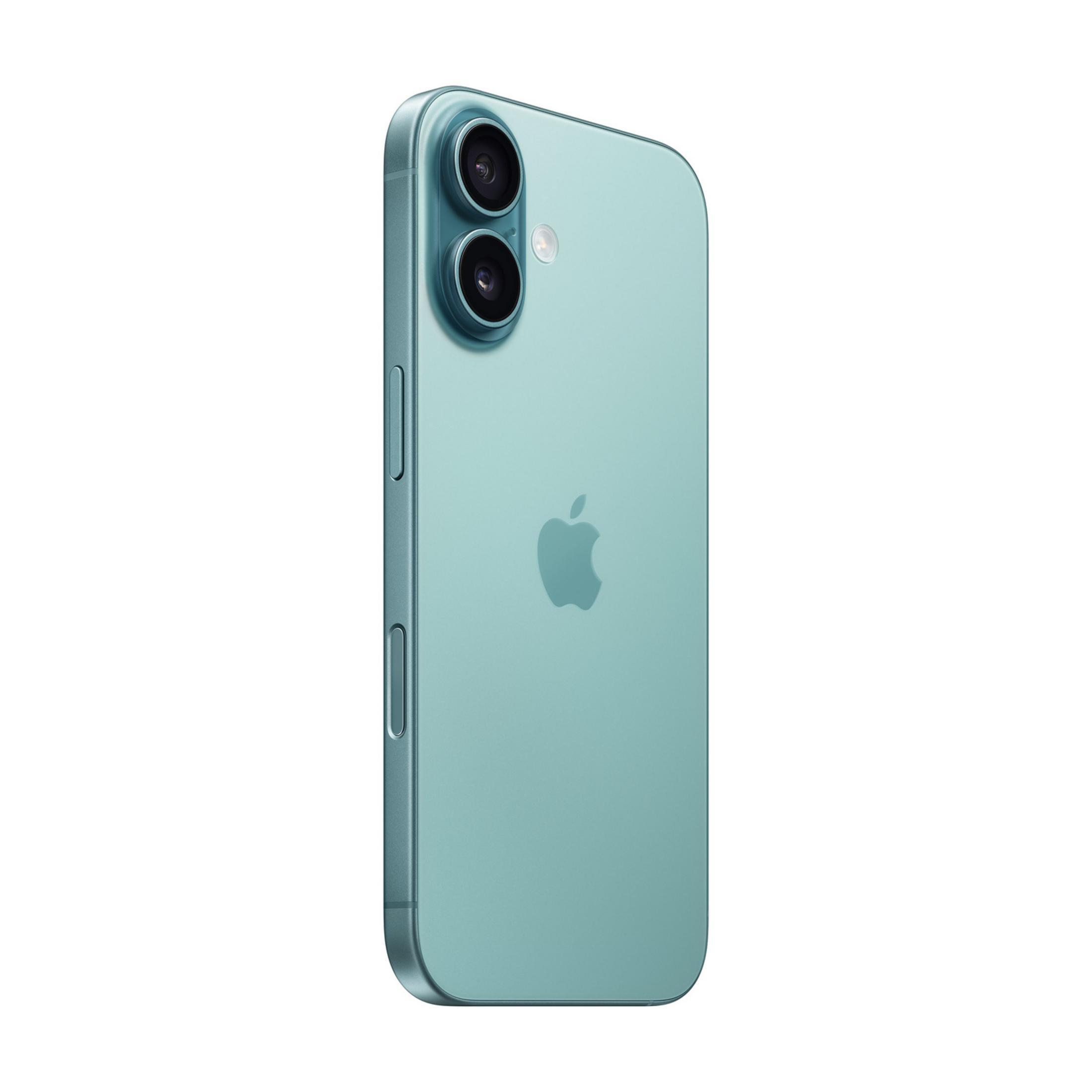 Tylny widok turkusowego iPhone'a z podwójnymi aparatami i logo Apple.