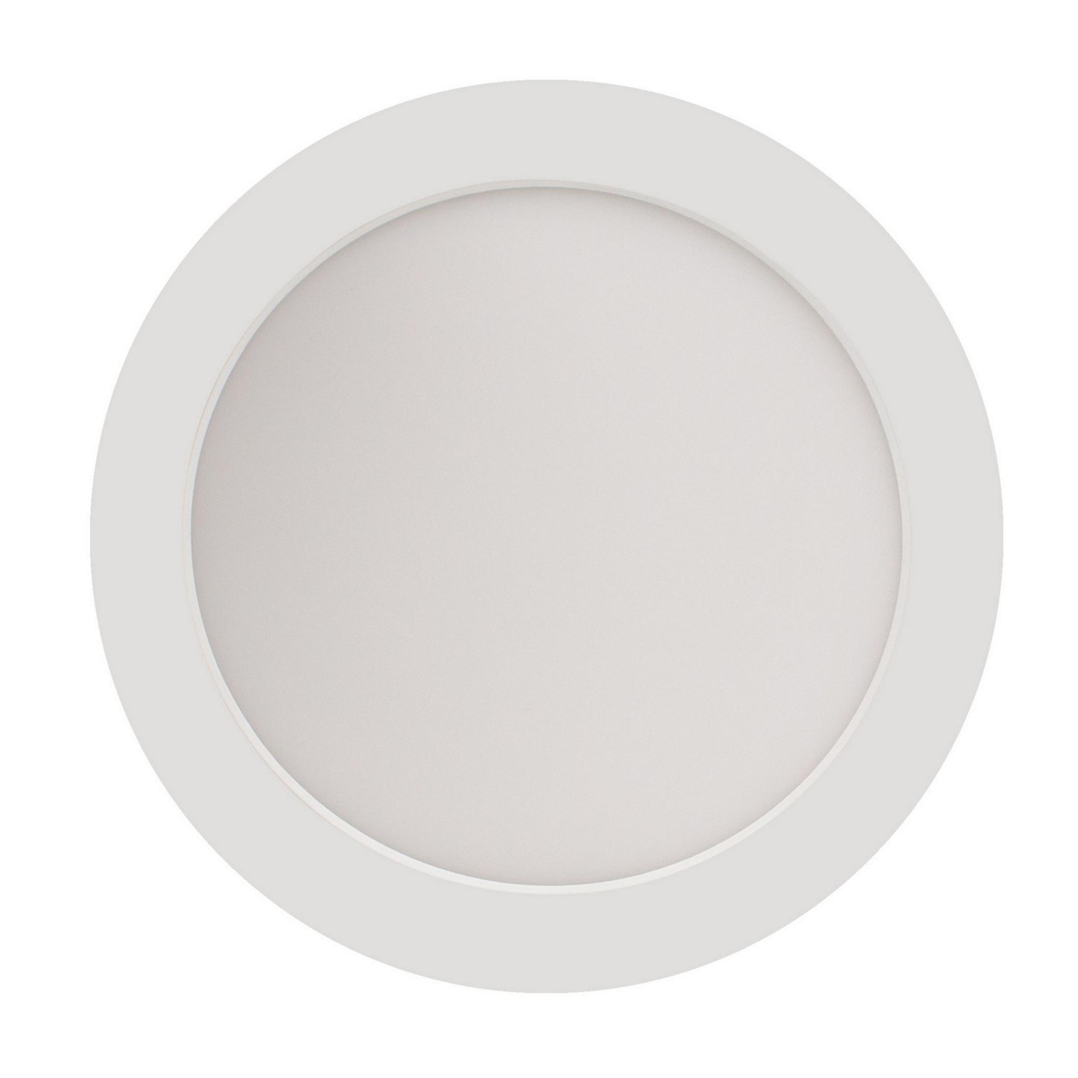 Una plafoniera rotonda bianca da incasso con bordo stretto su sfondo bianco.