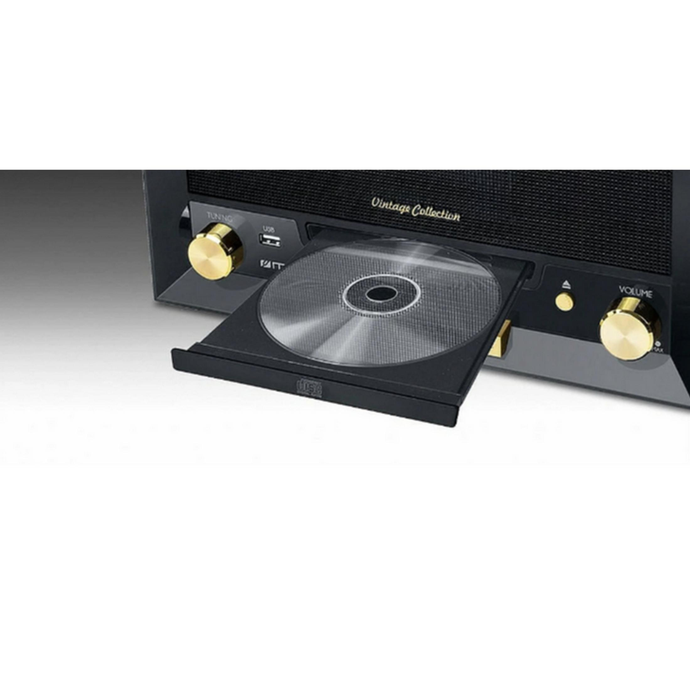 Ein CD-Player mit ausgefahrener Lade und goldenen Knöpfen.