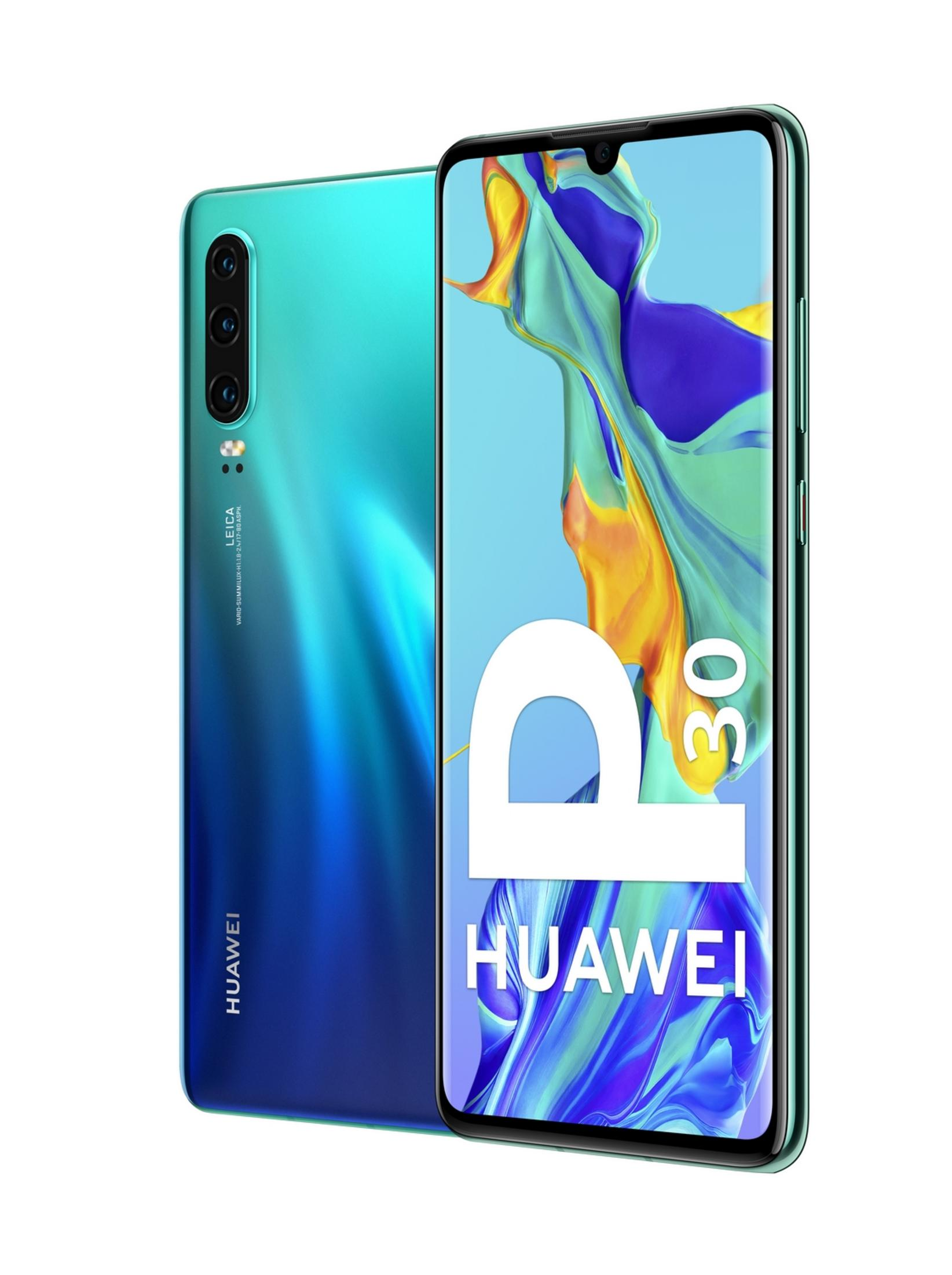 Smartfon Huawei P30, tył gradientowy turkusowy, potrójny aparat, ekran przedni pokazuje abstrakcyjną sztukę.
