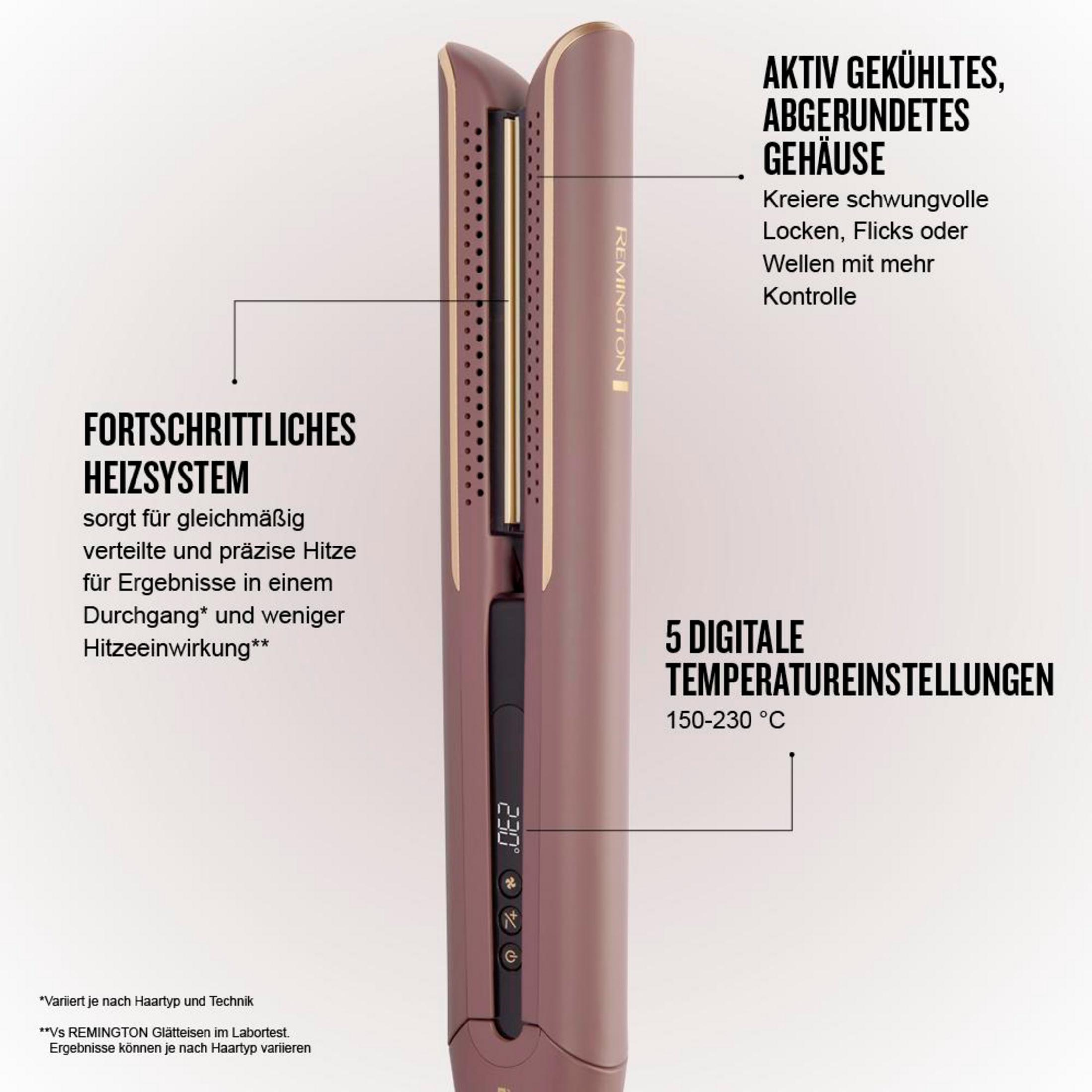 Un lisseur Remington or rose avec refroidissement actif et 5 réglages numériques de température.