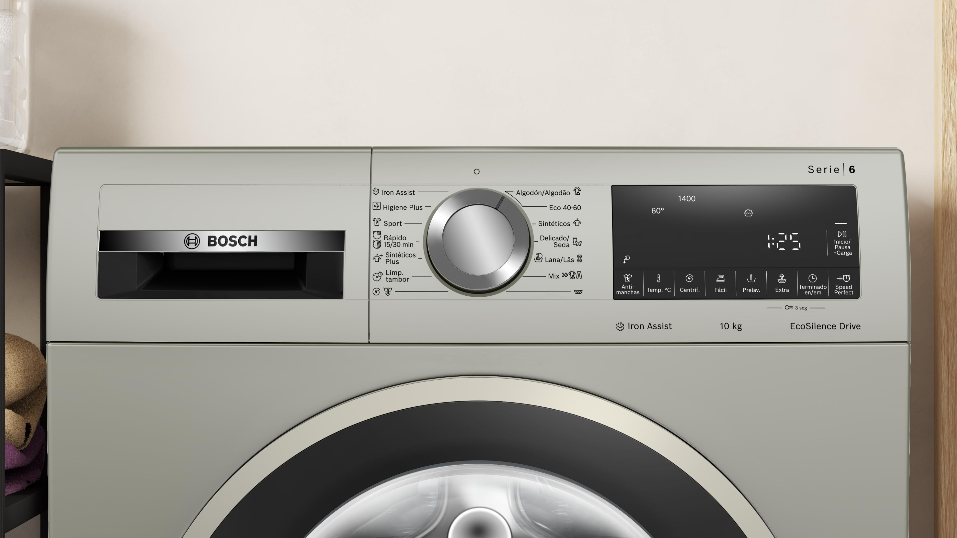 Lavadora Bosch Serie 6 con panel de control, dial y pantalla.