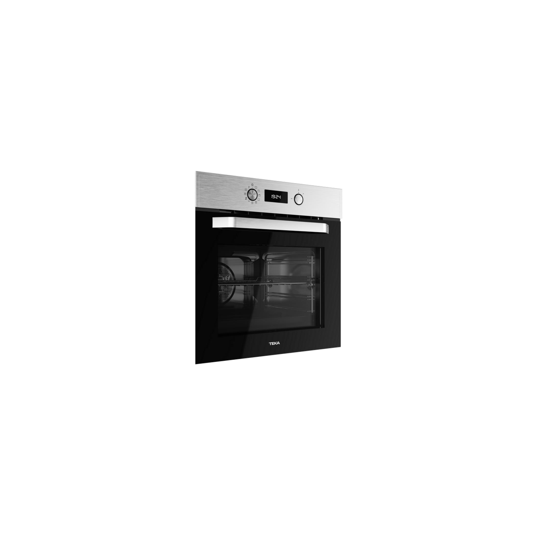 Un horno empotrable moderno con detalles de acero inoxidable y puerta de cristal negro.