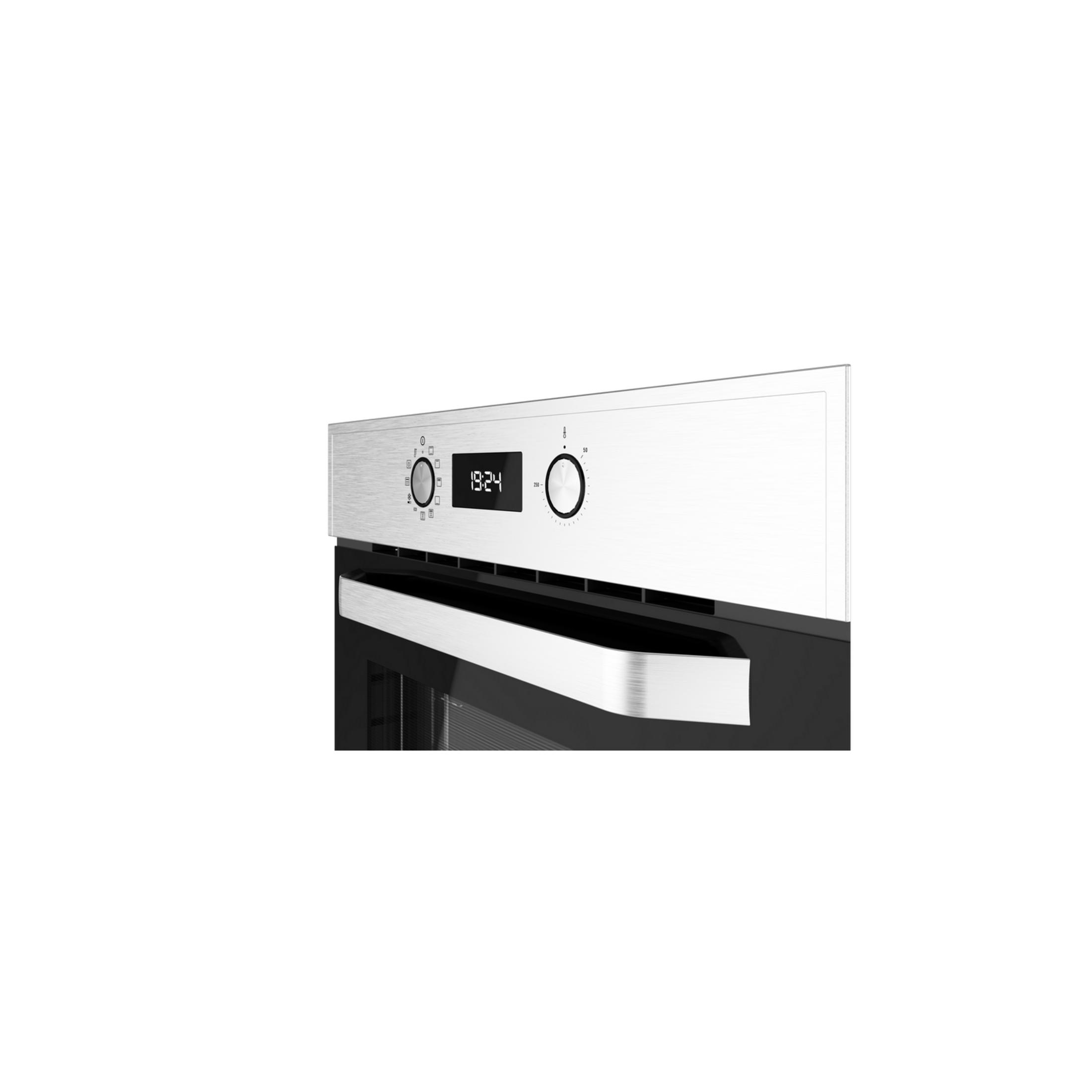 Primer plano de la puerta de un horno moderno con pantalla digital y mandos.