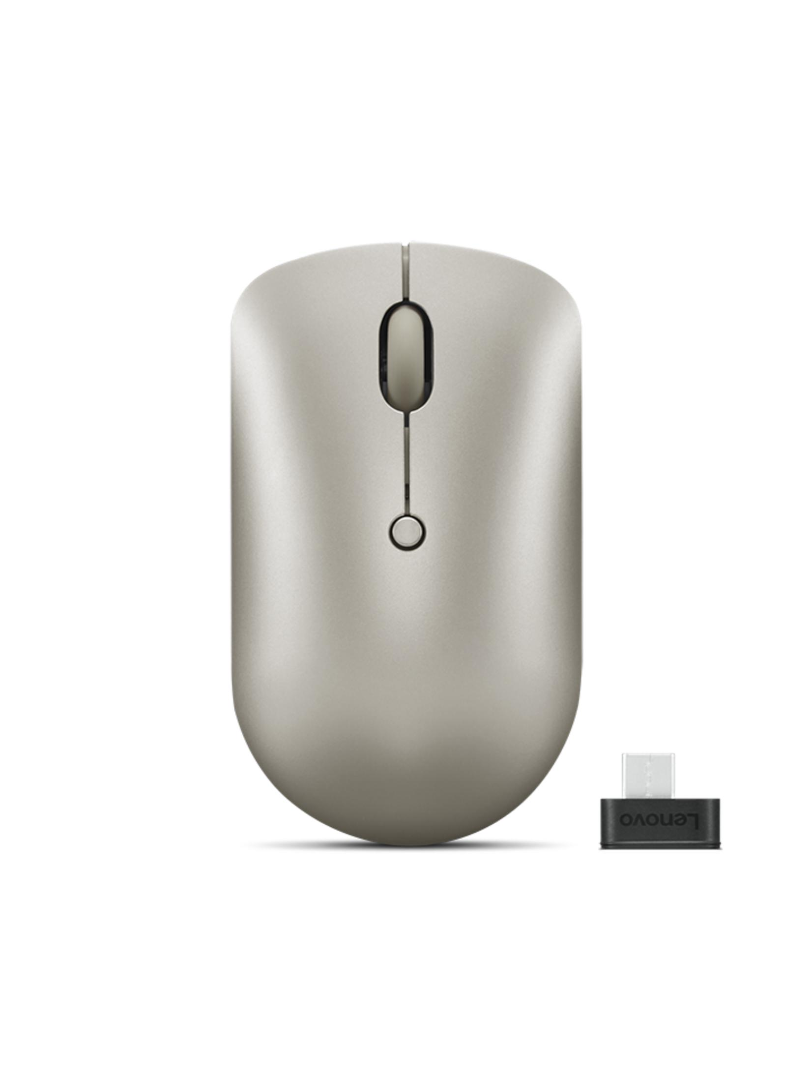Eine silberne Maus und ein kleiner USB-Empfänger auf weißem Hintergrund.