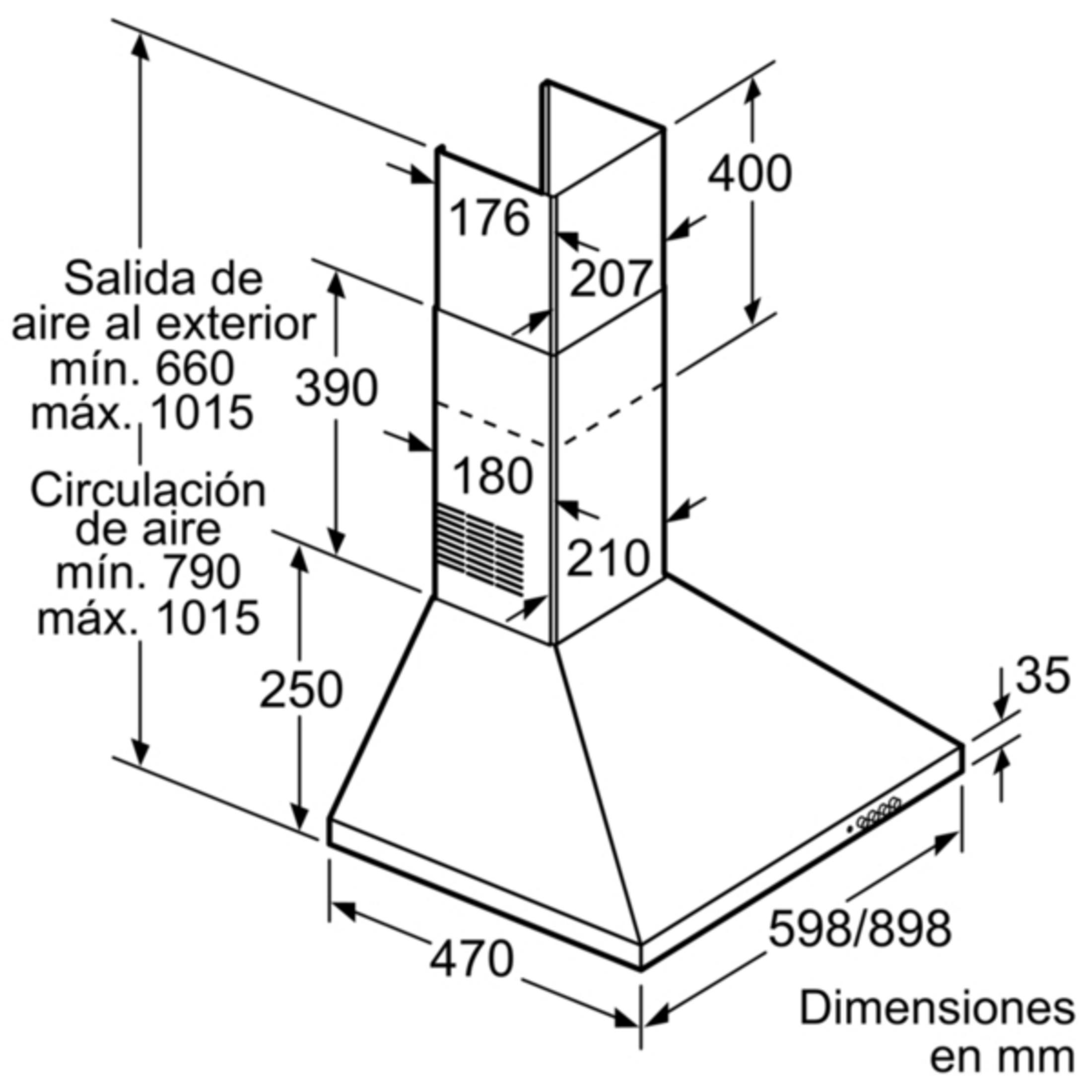 Dibujo técnico de una campana extractora con dimensiones en mm. Muestra altura, anchura y profundidad.