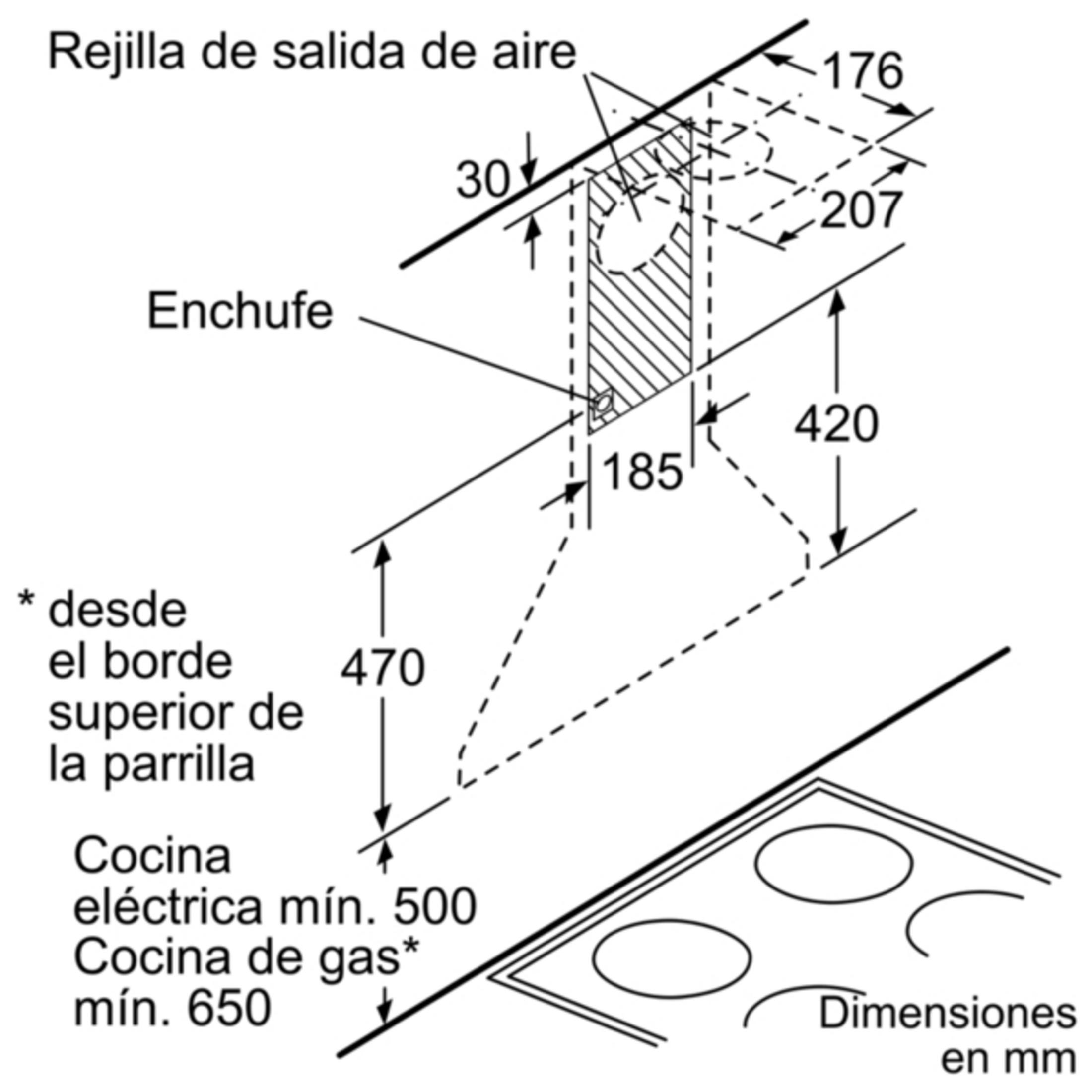 Dibujo técnico de una campana extractora con dimensiones.