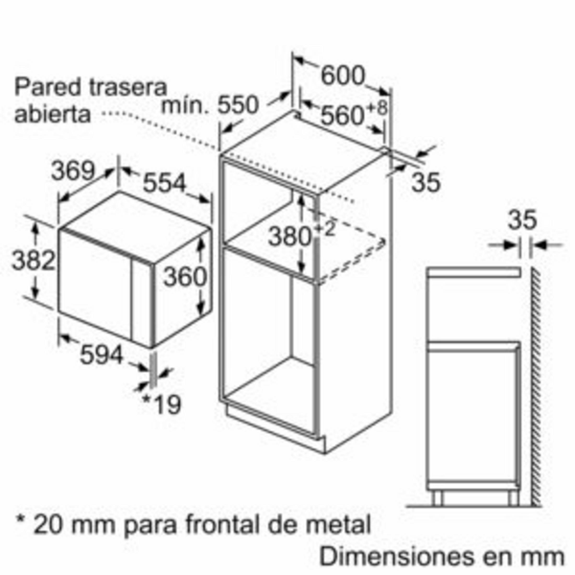 Dibujo técnico con dimensiones para electrodomésticos empotrados. Medidas en mm.