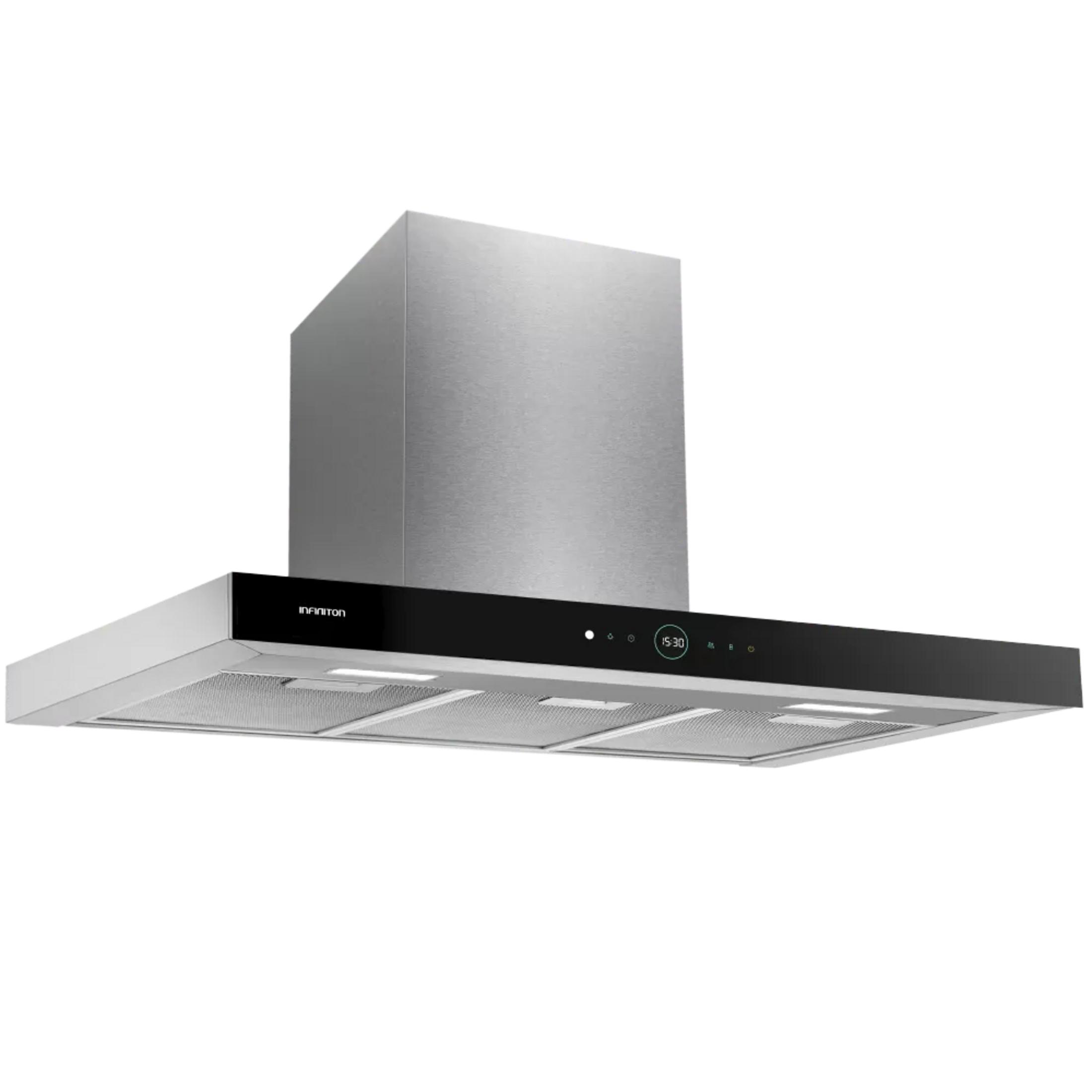 Una moderna campana extractora de acero inoxidable con panel de control negro y pantalla digital.