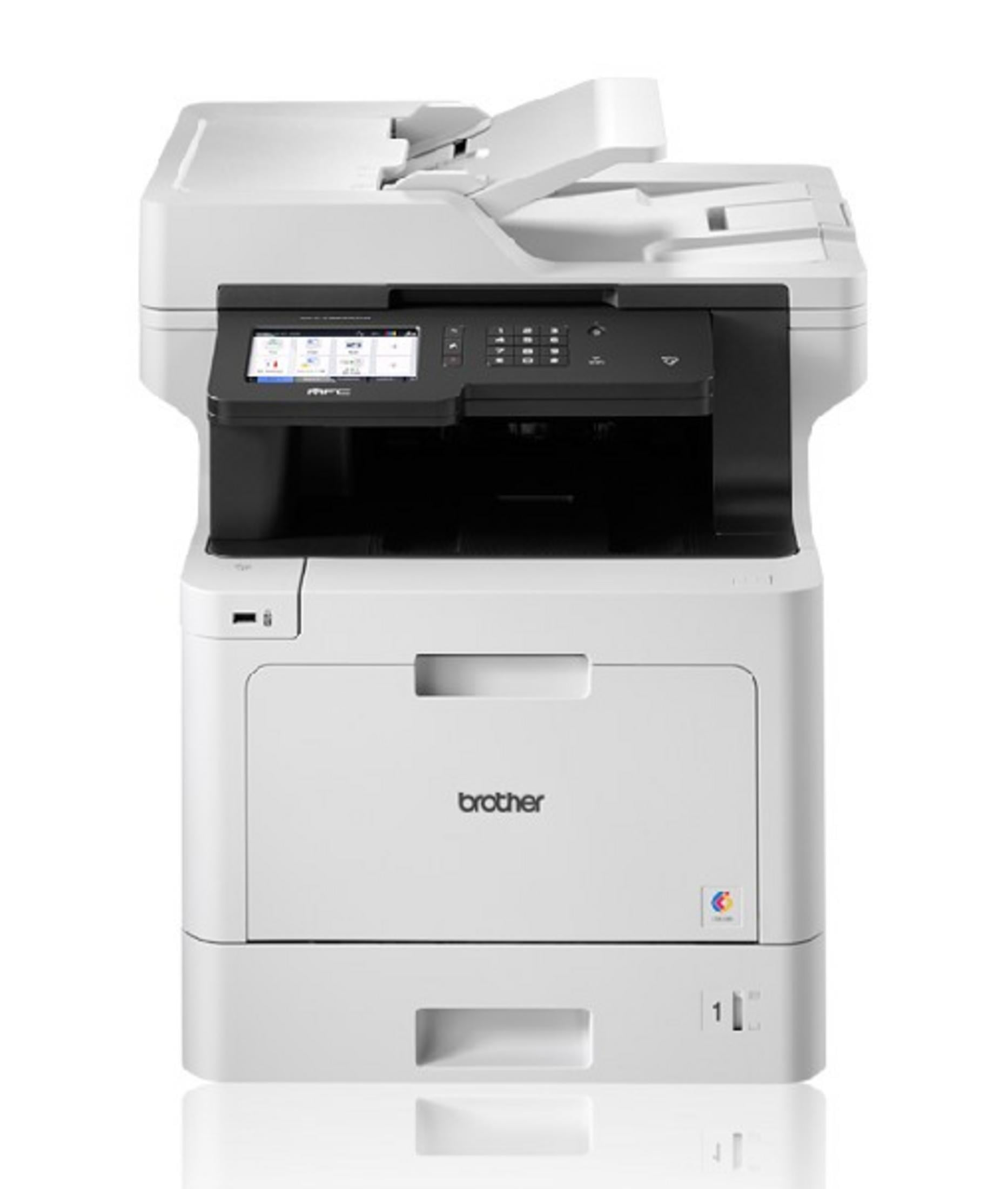 Ein weißer Brother-Multifunktionsdrucker mit Touchscreen und Papiereinzug.