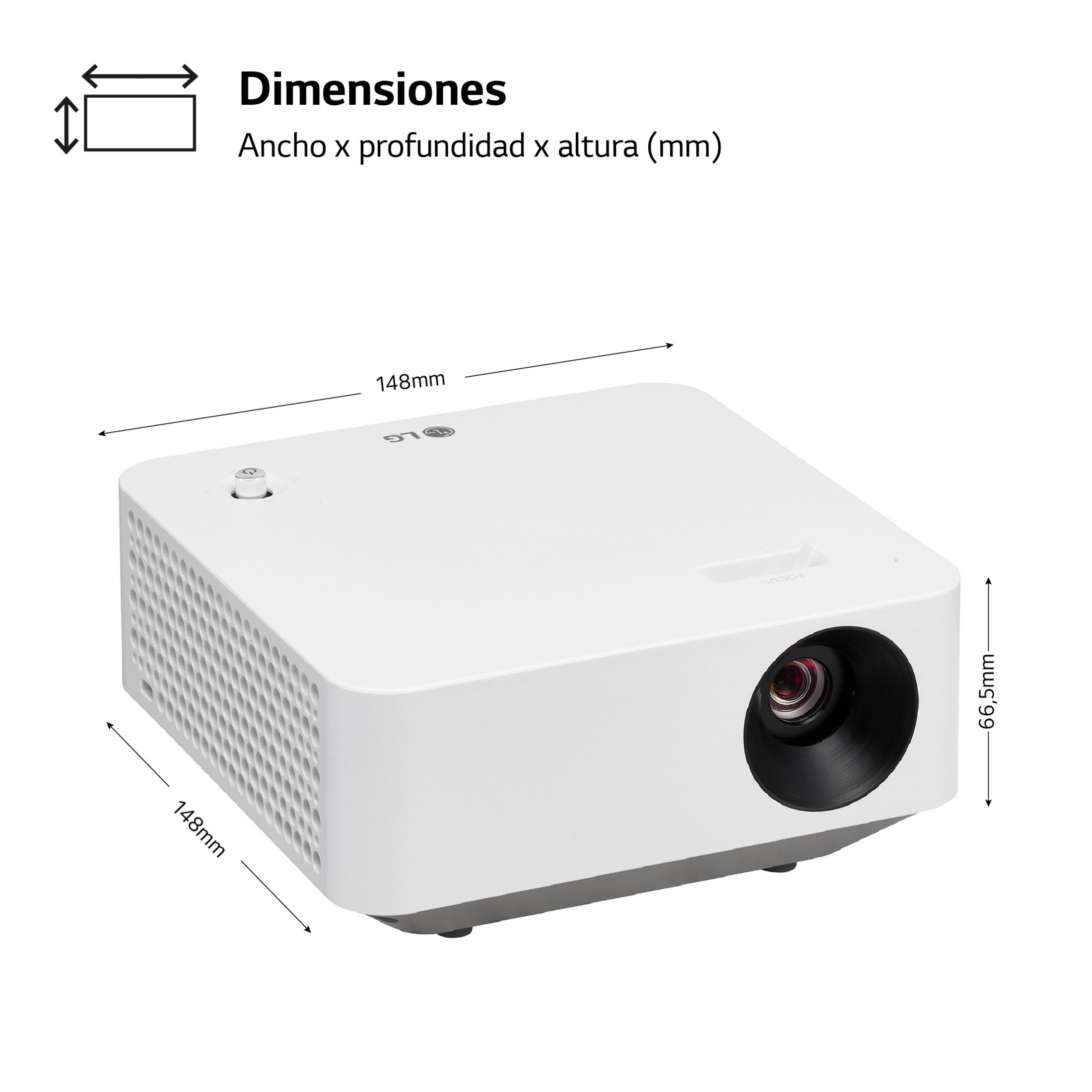 Proiettore bianco con dimensioni 148mm x 148mm x 66,5mm.