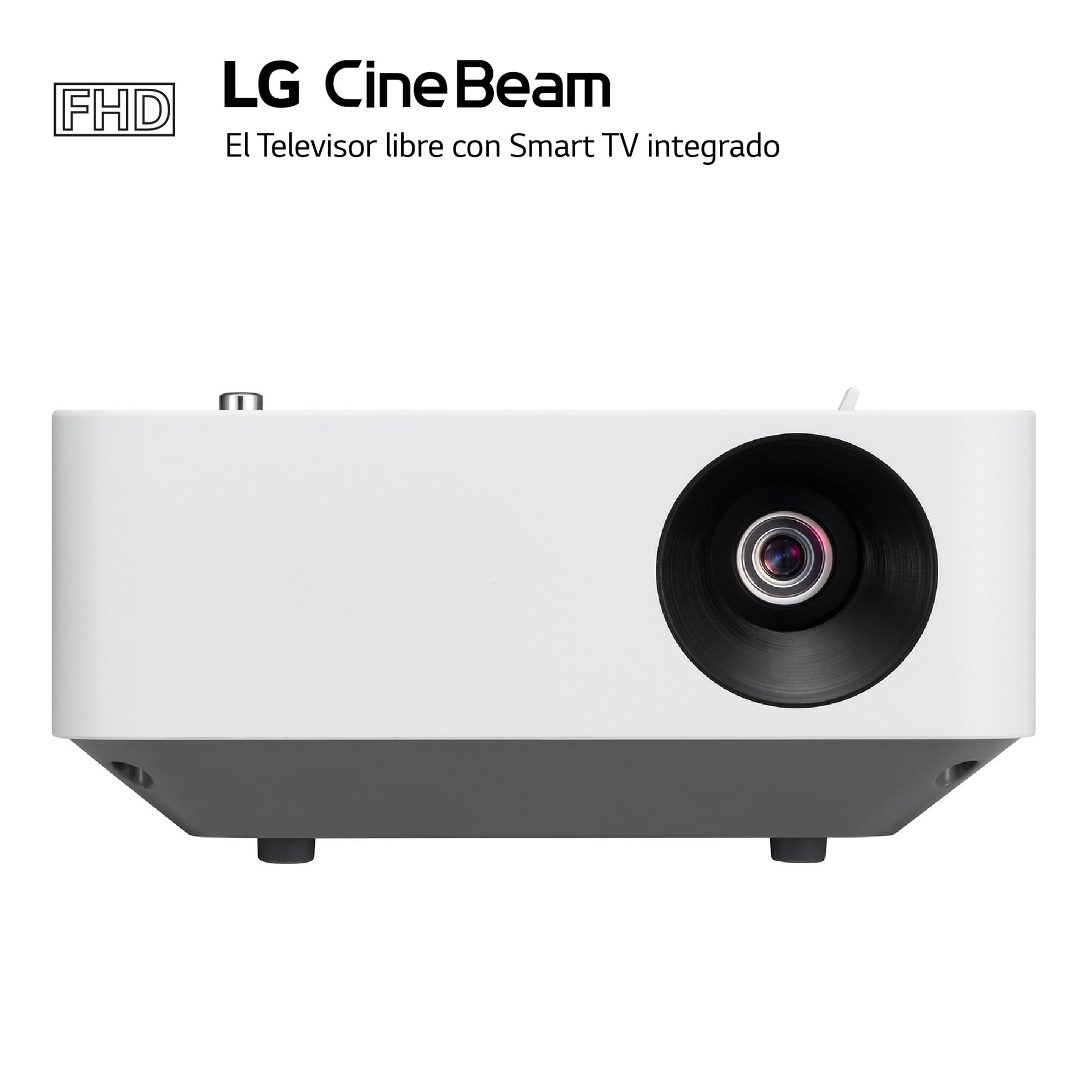 Un proiettore LG CineBeam bianco con un grande obiettivo sul lato destro.