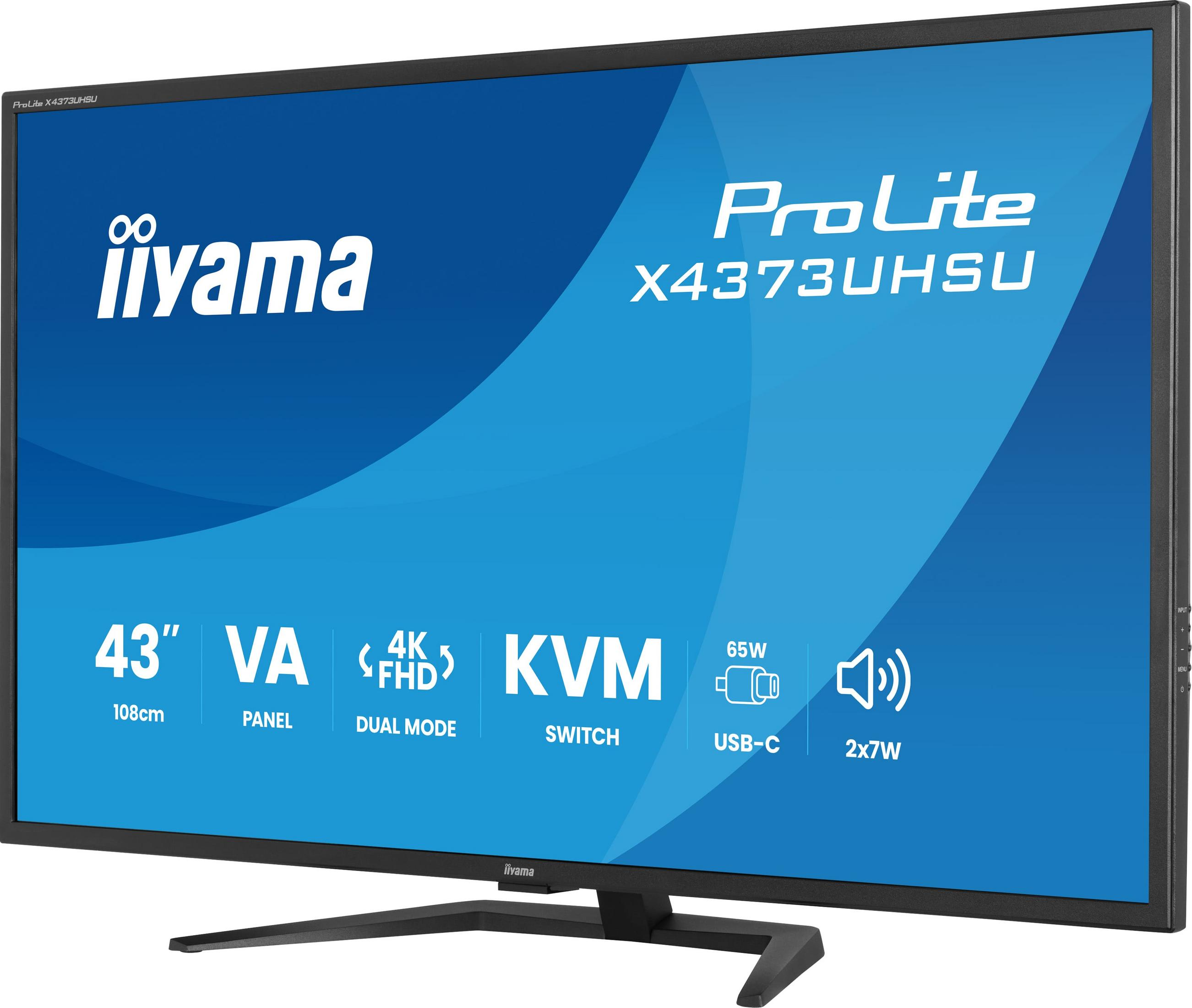 Ein großer 43-Zoll-Monitor mit iiyama-Logo und technischen Daten.