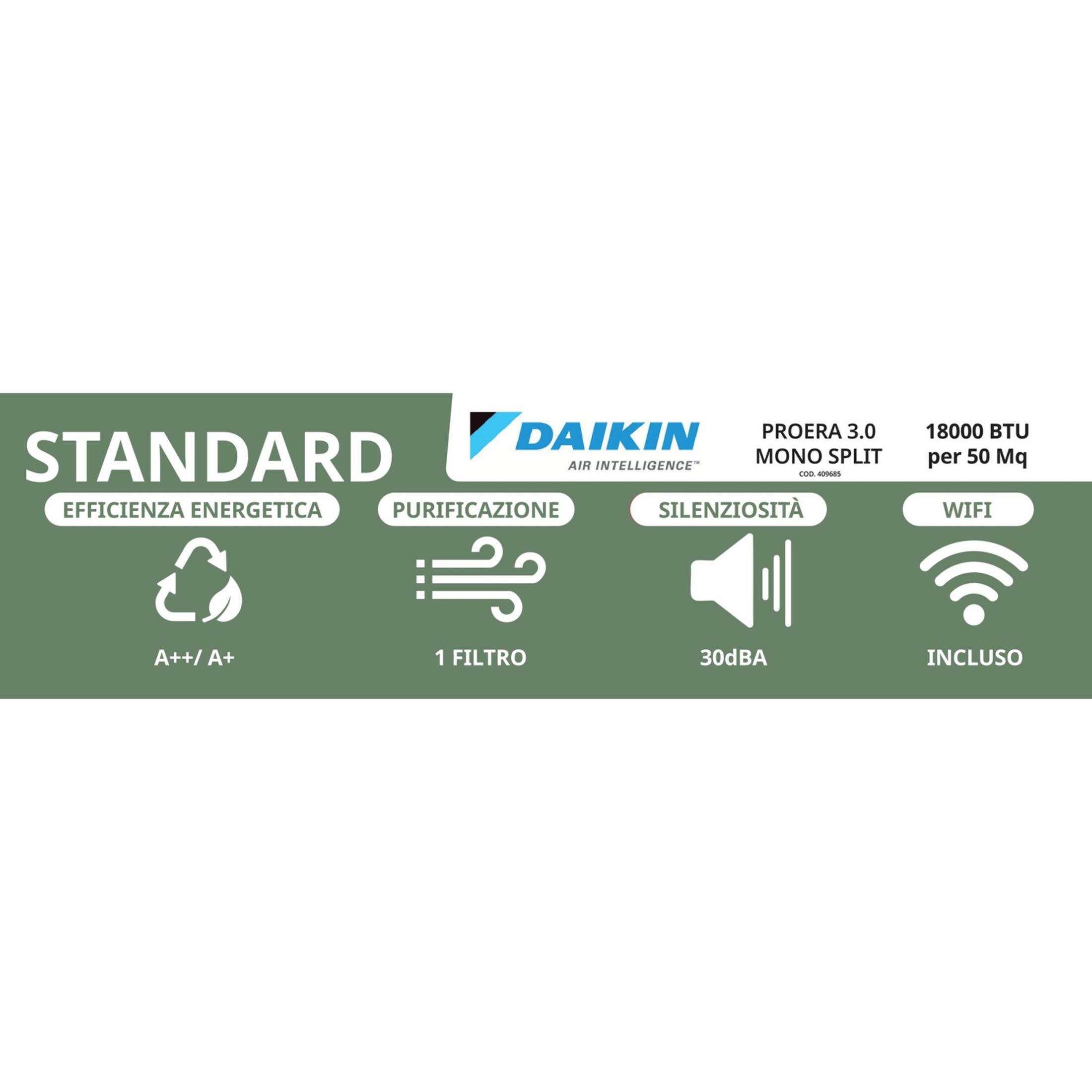 Daikin Standart Klima: Enerji Verimliliği A++/A+, 1 filtre, 30dBA, WiFi.