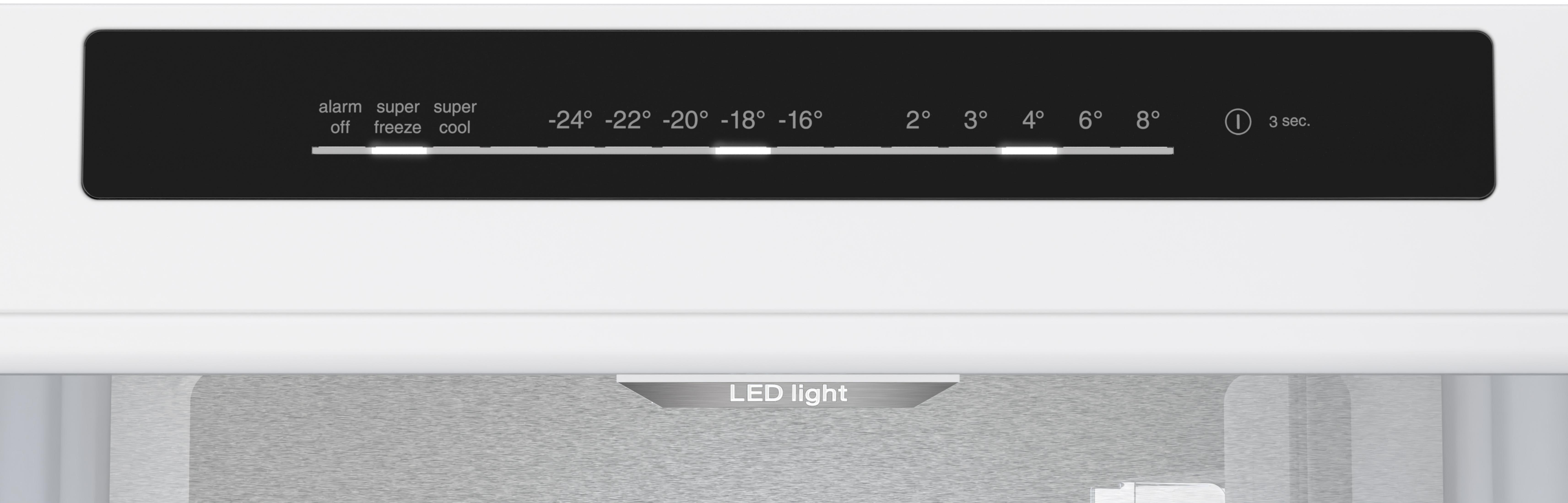 Panel de control con ajustes de temperatura e indicador de luz LED.
