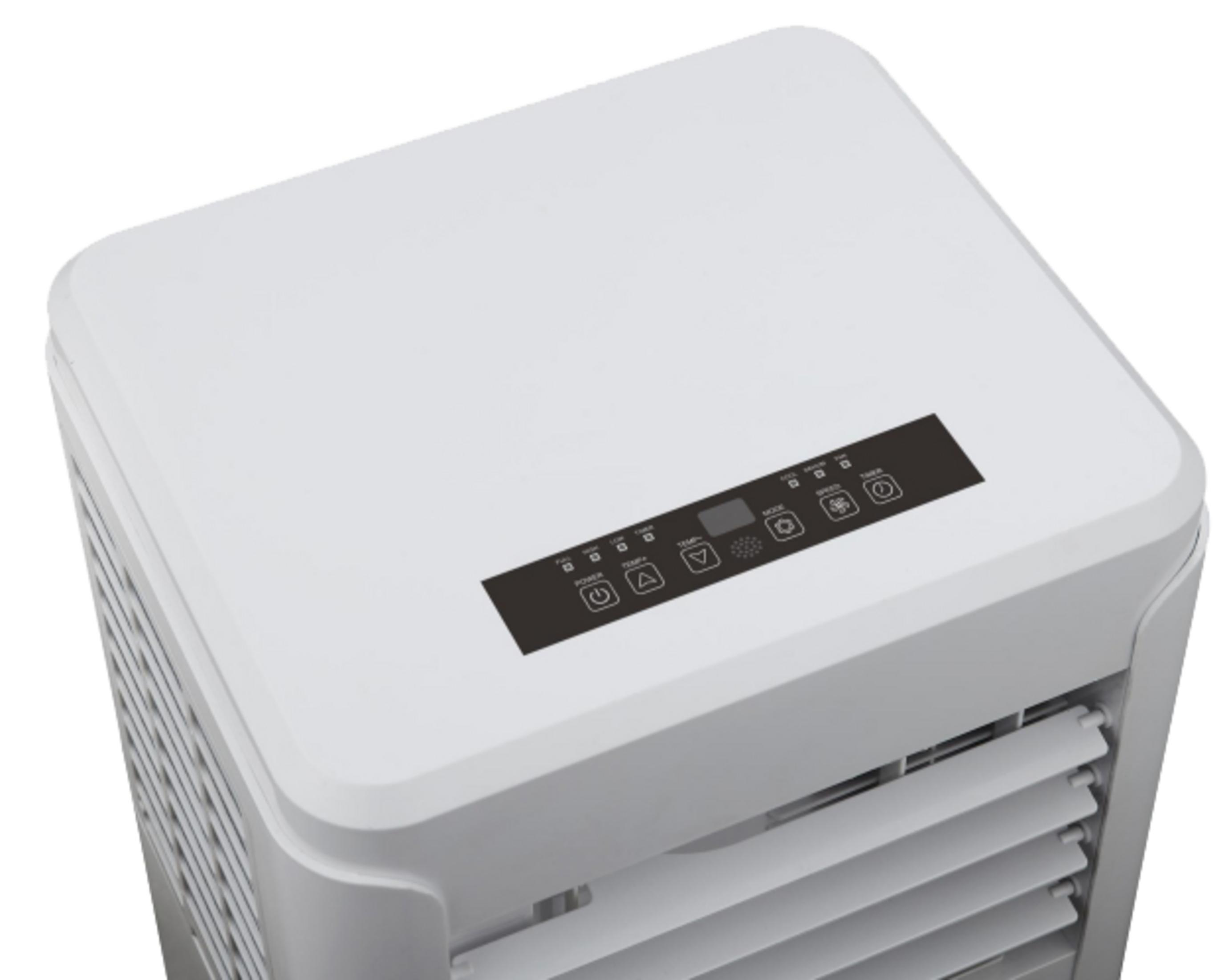 Enfriador de aire blanco con panel de control y rejillas.