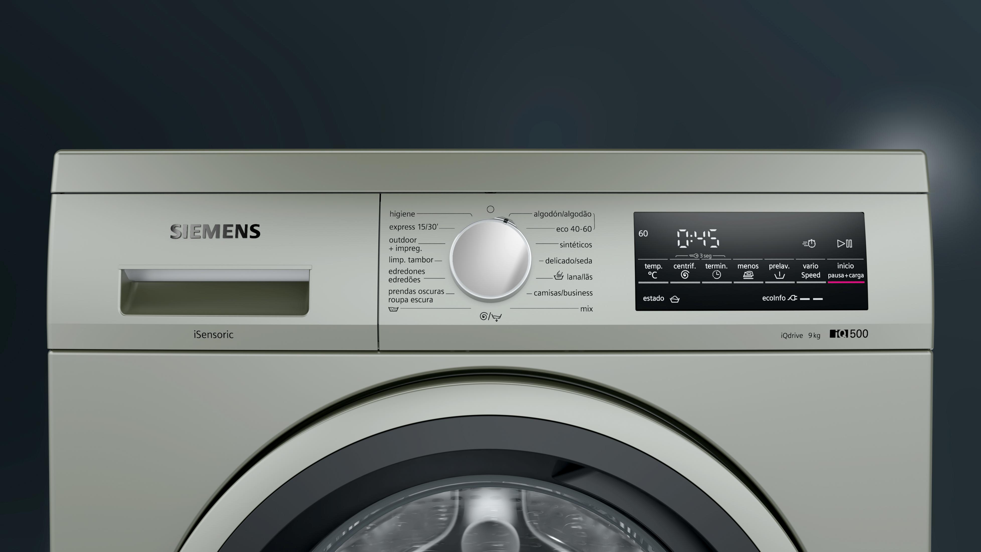 Lavadora Siemens con pantalla digital y selector de programas.