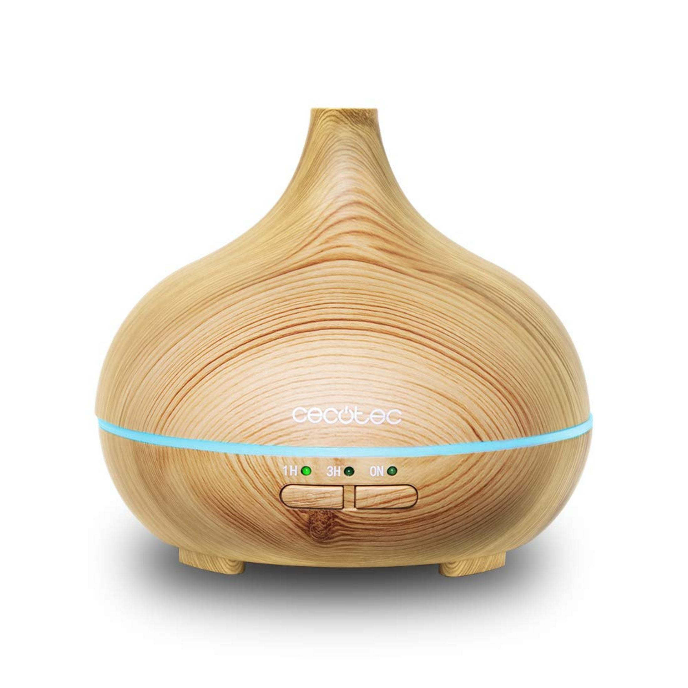 Un diffusore in legno con fascia luminosa blu e pulsanti.