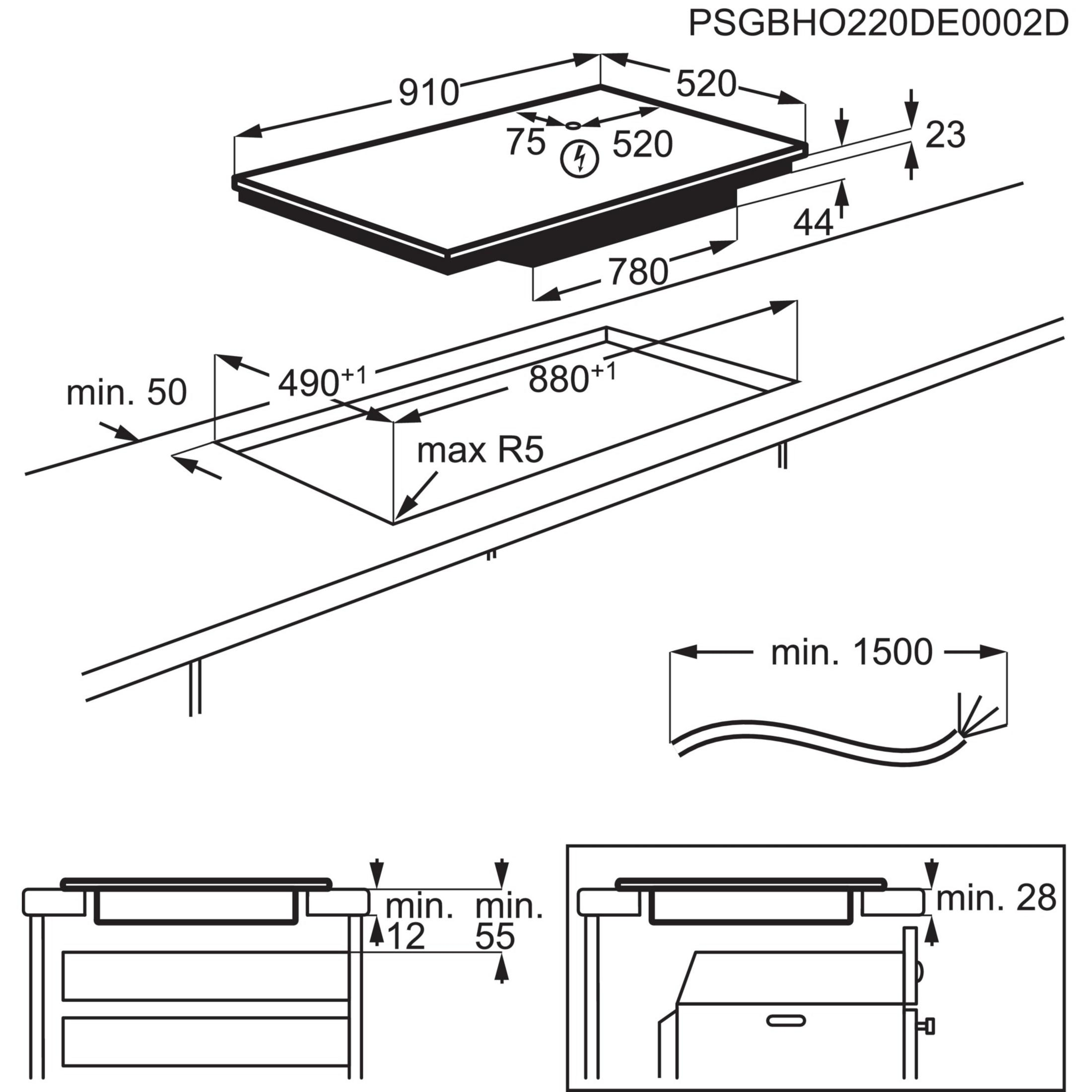 Dibujo técnico de una placa de cocina con dimensiones y guías de instalación.