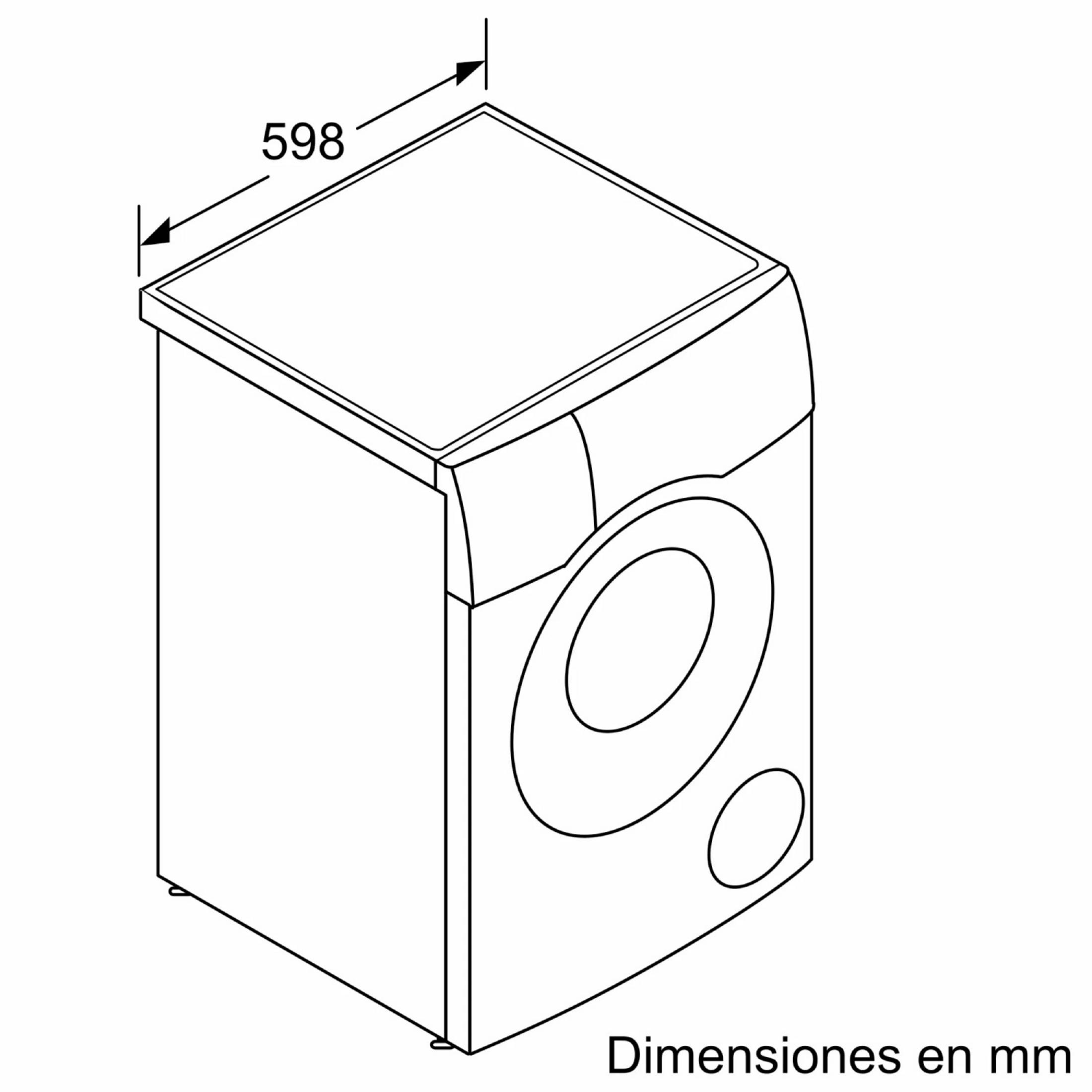 Dibujo técnico de una lavadora con dimensiones en mm.