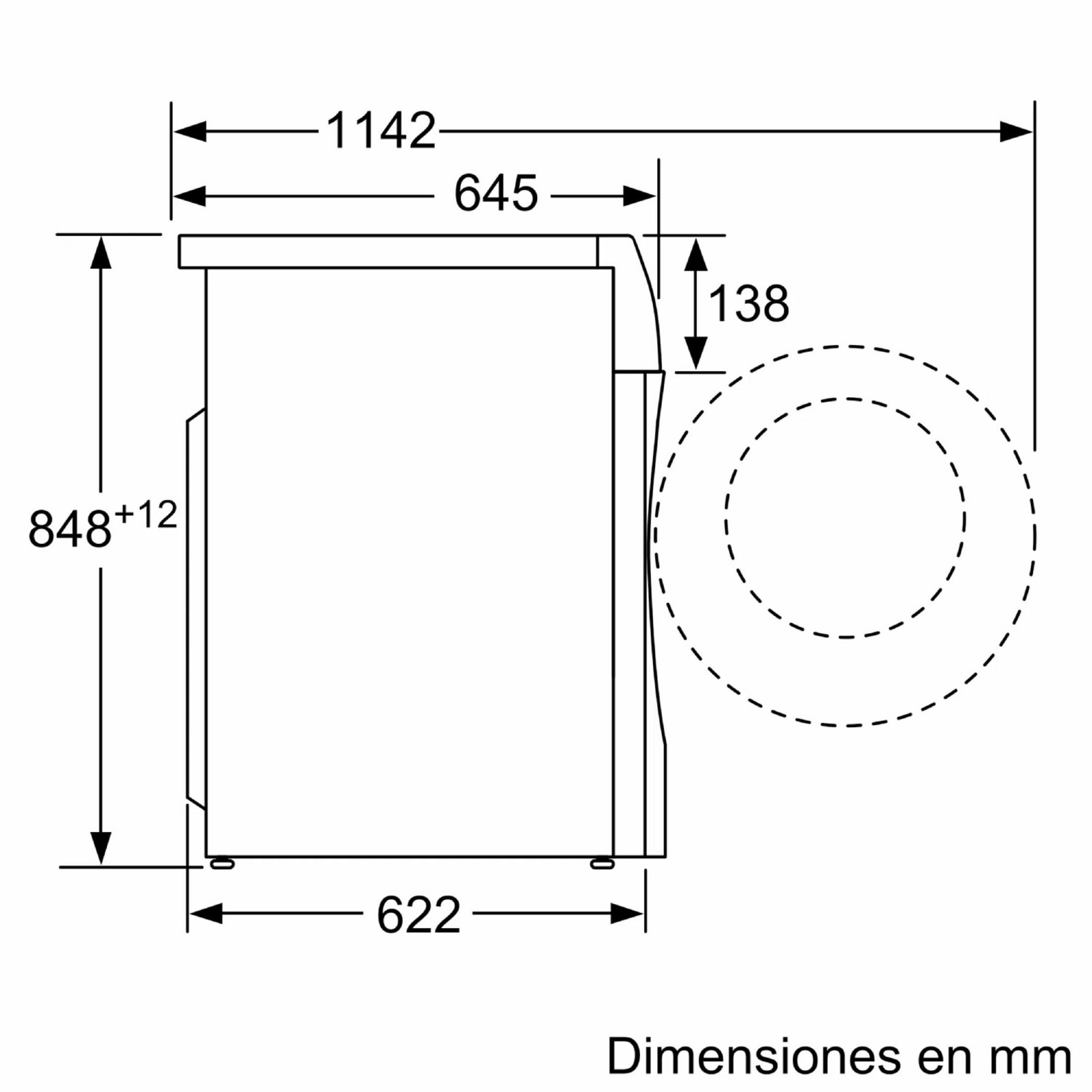 Dibujo técnico de una lavadora con dimensiones en mm.