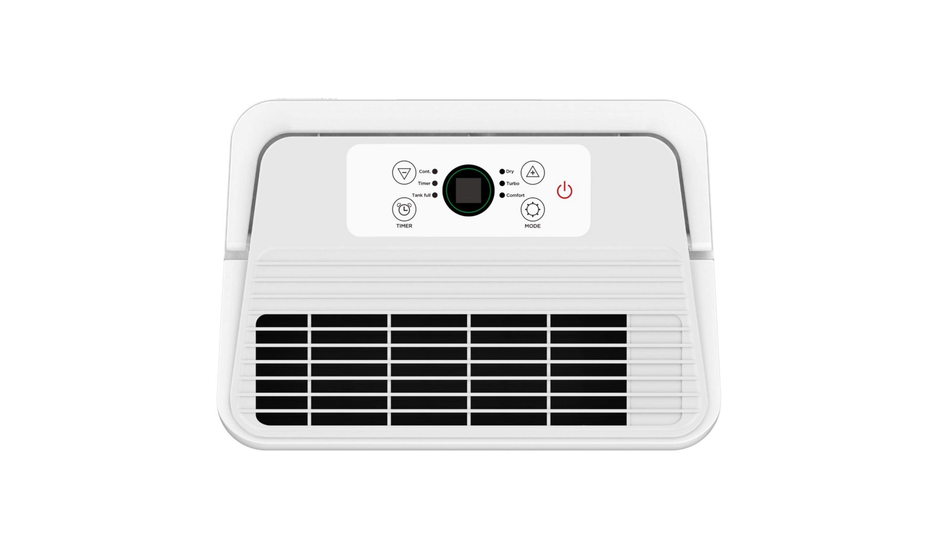 Un deshumidificador blanco con panel de control arriba y rejillas abajo.