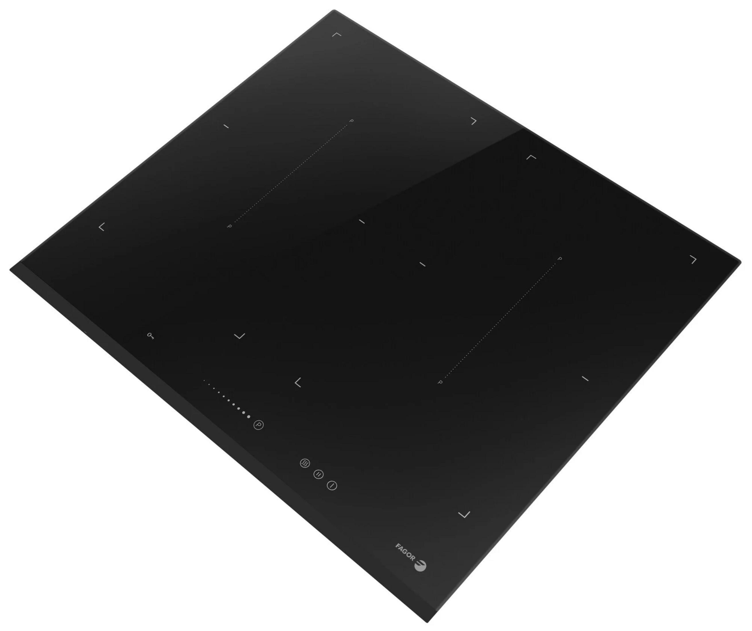 Placa de inducción negra con cuatro zonas de cocción y controles táctiles.
