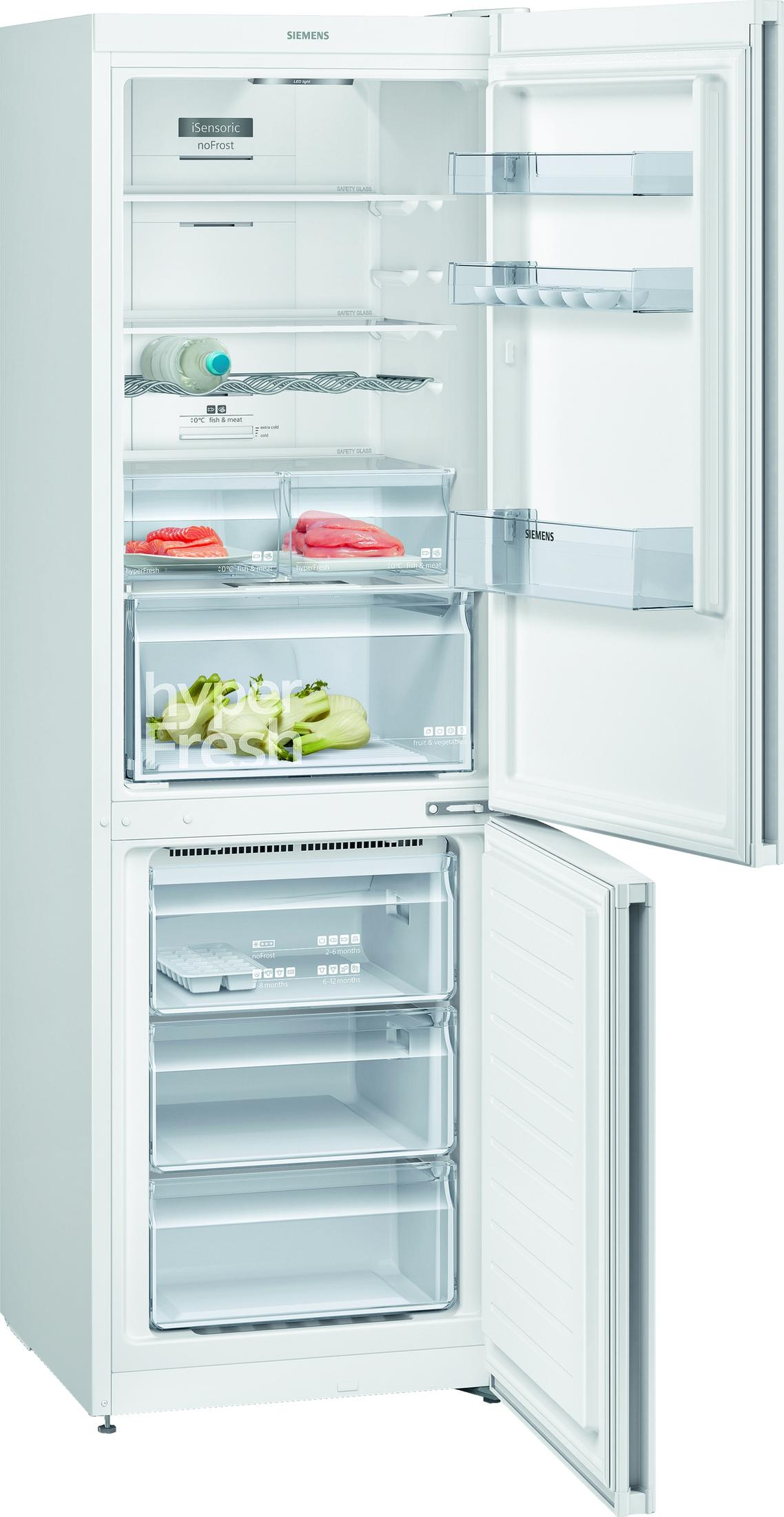 Un refrigerador Siemens blanco con la puerta abierta, lleno de alimentos.