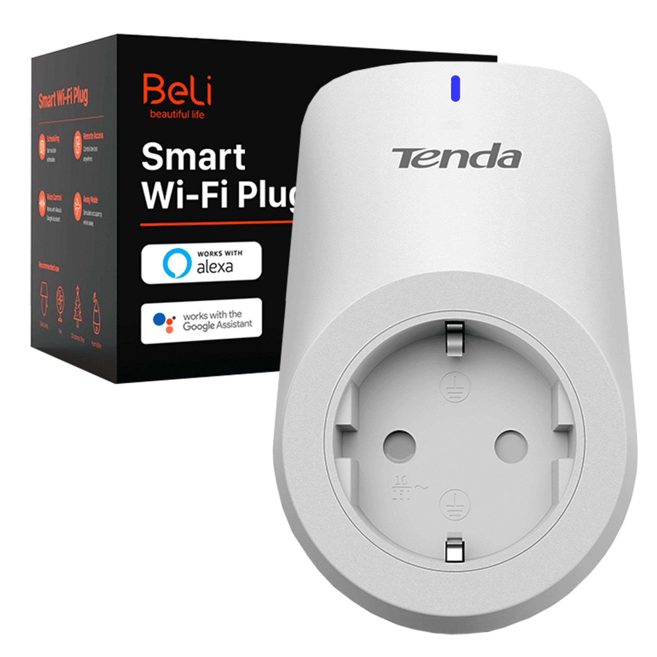Ein weißer Tenda Smart Wi-Fi Stecker und seine Verpackung sind zu sehen.