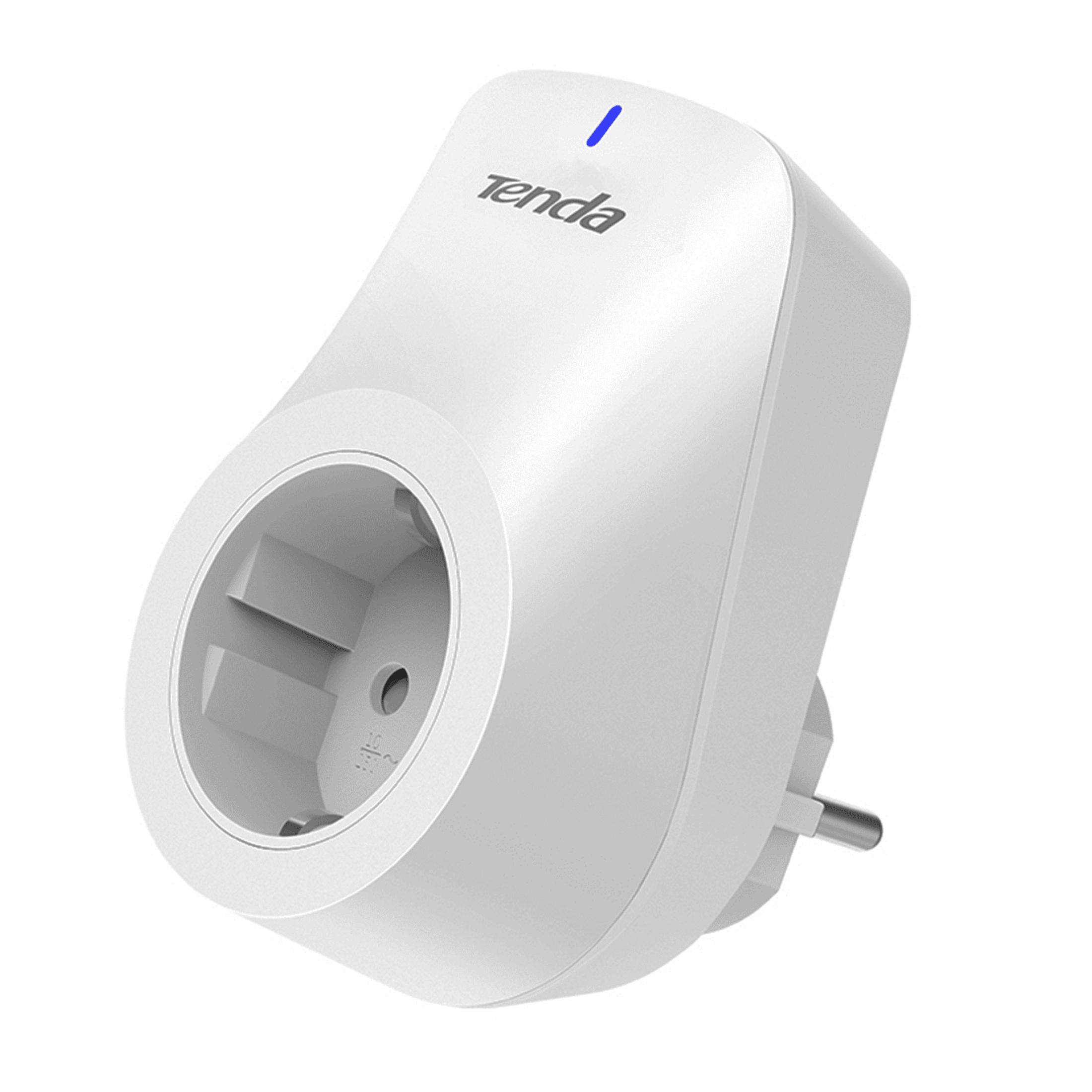 Weißer Tenda WLAN-Repeater mit Steckdose und blauer LED.