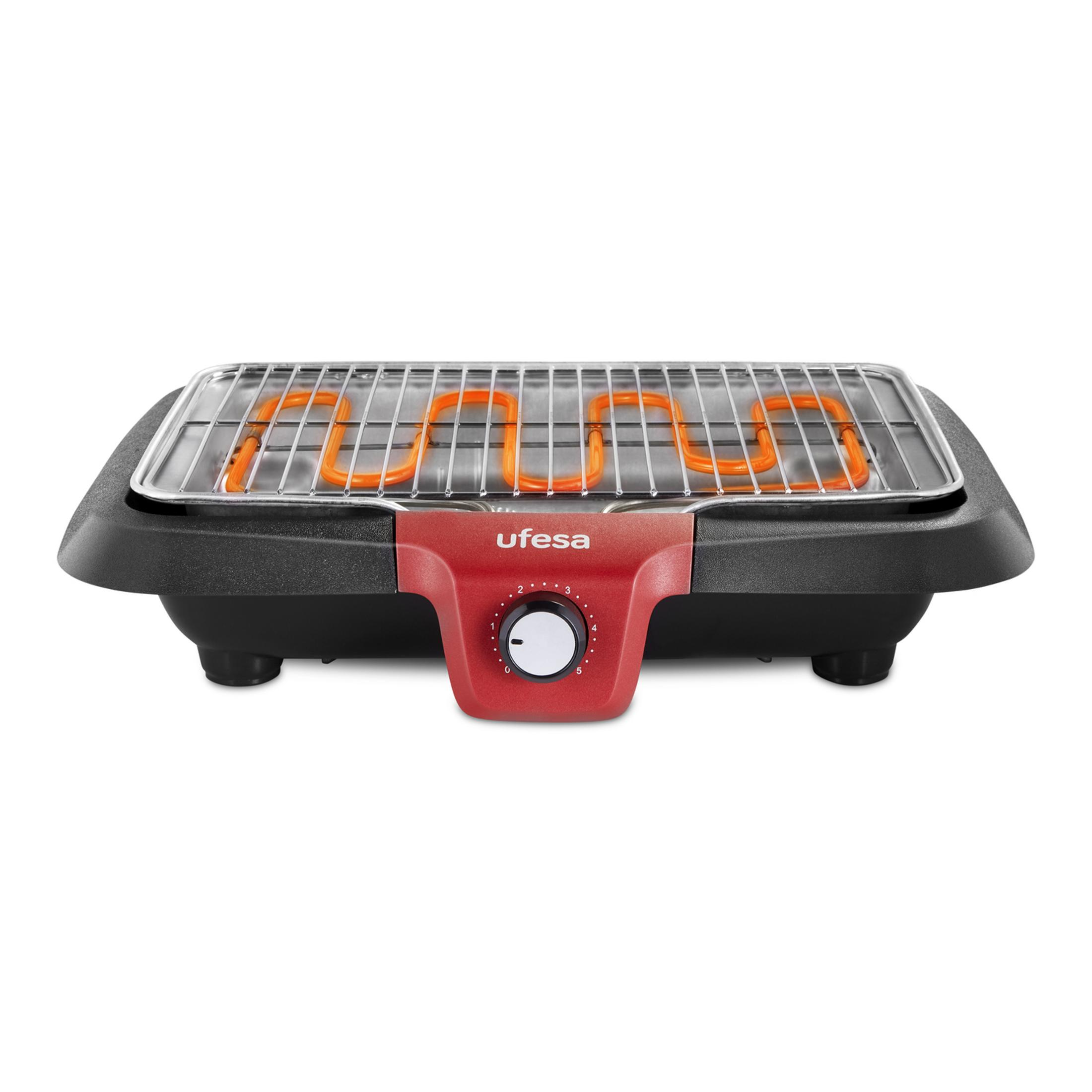 Una parrilla eléctrica negra con frontal rojo y resistencias.