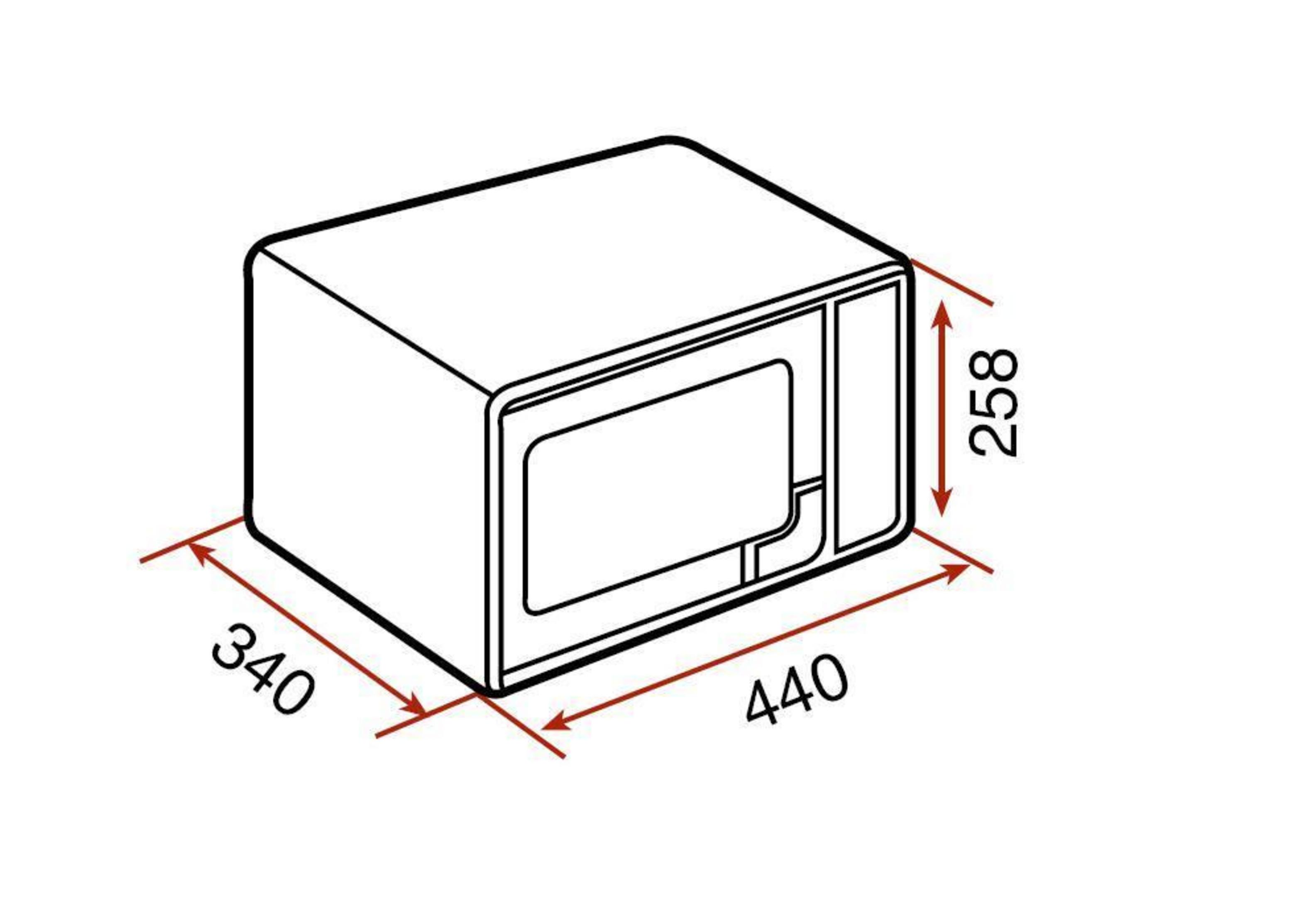 Disegno di un forno a microonde con dimensioni 340x440x258.