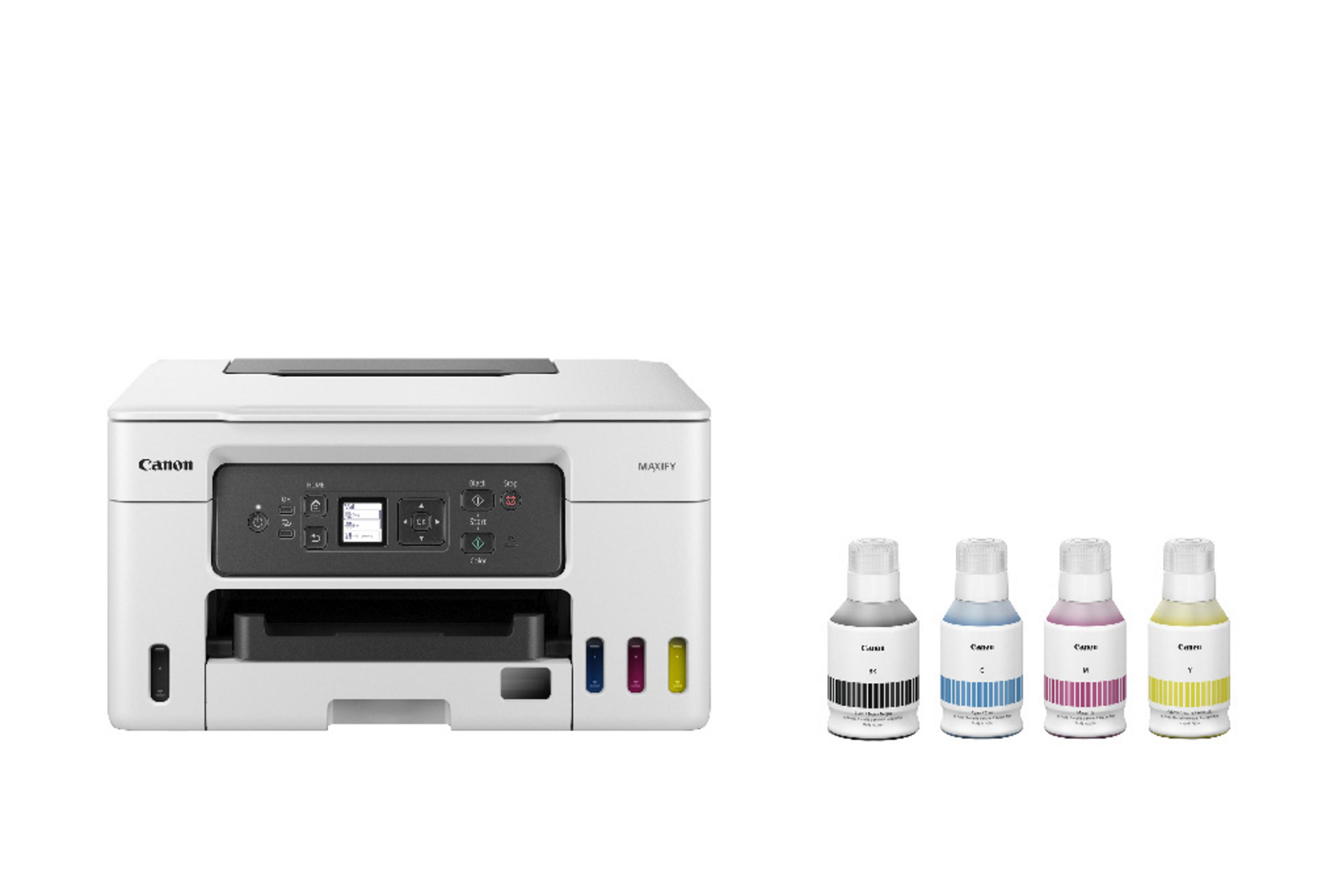 Una impresora Canon MAXIFY blanca junto a cuatro botellas de tinta: negra, azul, magenta y amarilla.