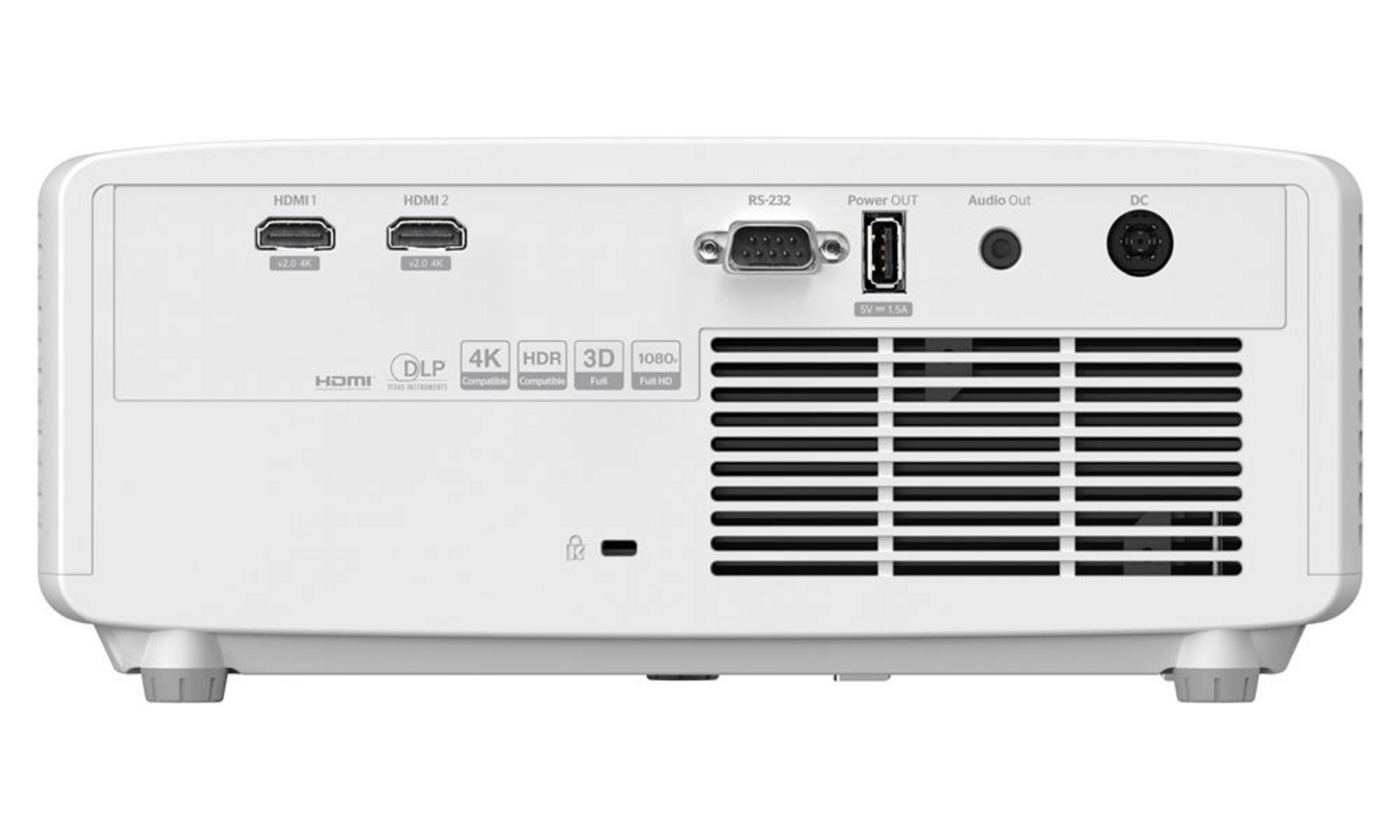 Biały panel tylny projektora z wyjściami HDMI, RS-232, zasilania i audio.